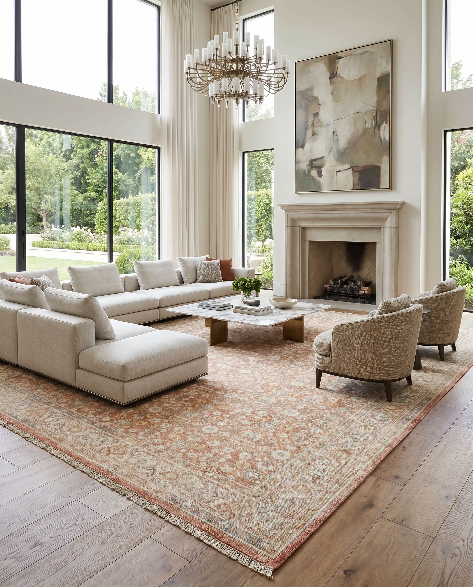 Hamadan HAM-2301 Hand Knotted Rug styled in an elegant designer living room — hand knotted traditional area rug in brown, light beige and slate tones