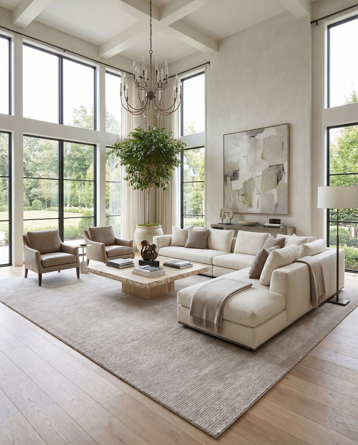 Capri CAP-2302 Hand Knotted Rug styled in an elegant designer living room — hand knotted cottage area rug in light gray tones