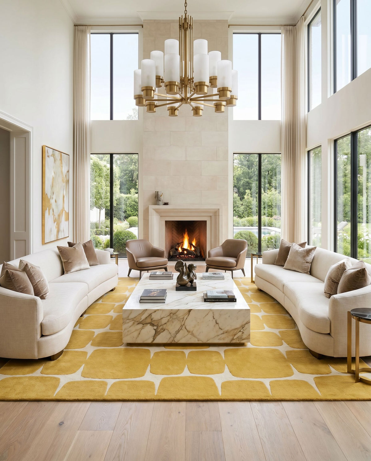 Scion SCI-36 Hand Tufted Rug styled in an elegant designer living room — hand tufted modern area rug in mustard and cream tones