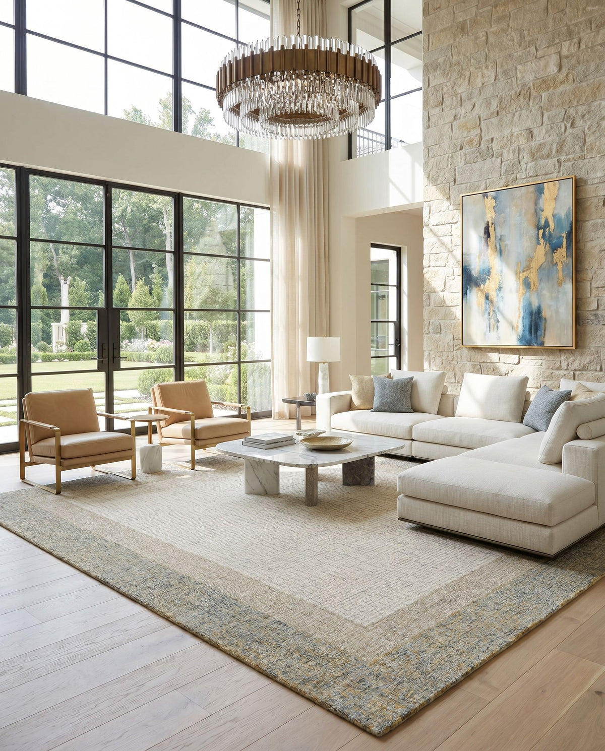 Elena EAE-2301 Hand Tufted Rug styled in an elegant designer living room — hand tufted modern area rug in dusty sage, tan, light beige and cream tones