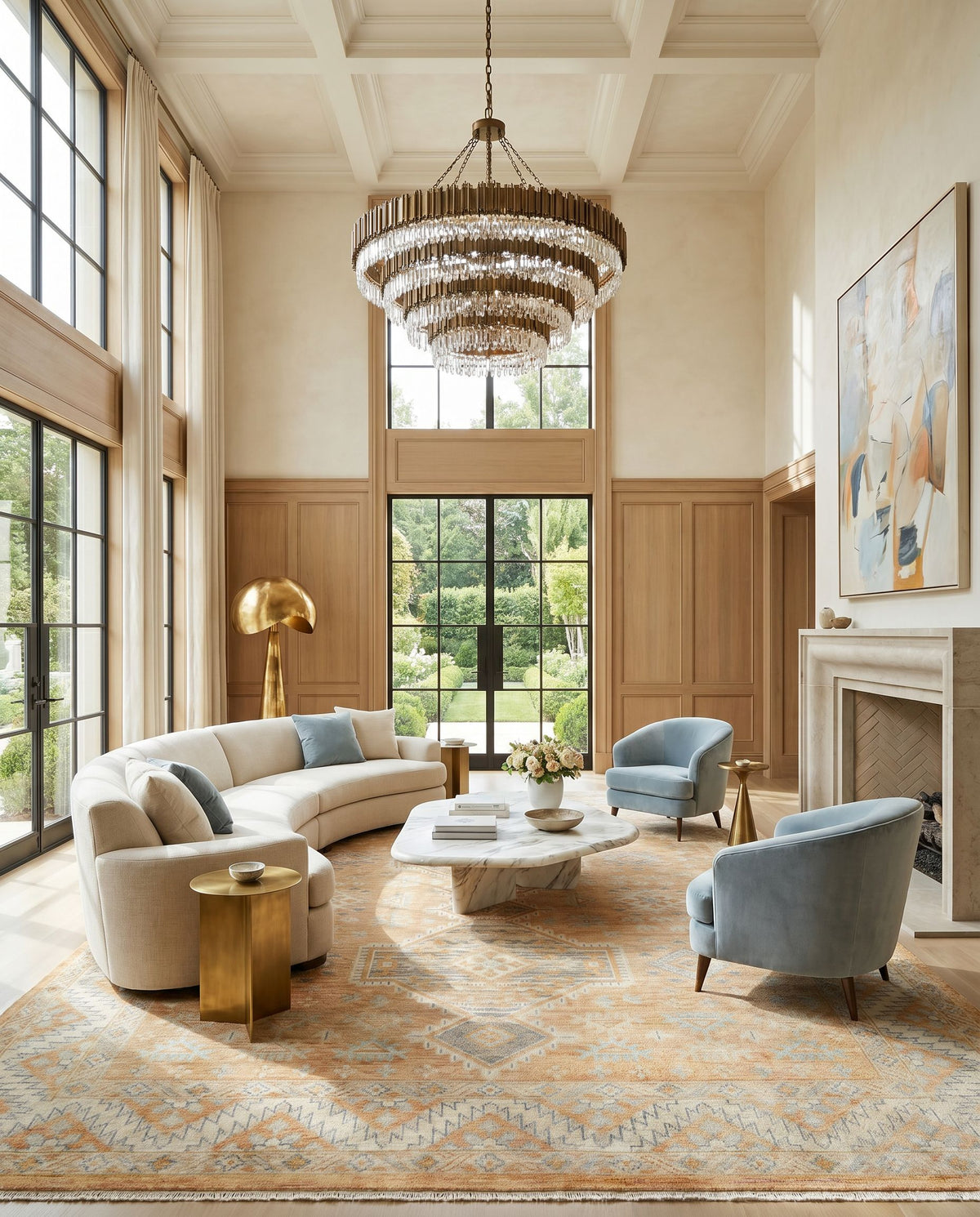 Bunyan BYN-2304 Hand Knotted Rug styled in an elegant designer living room — hand knotted traditional area rug in peach, slate and ivory tones