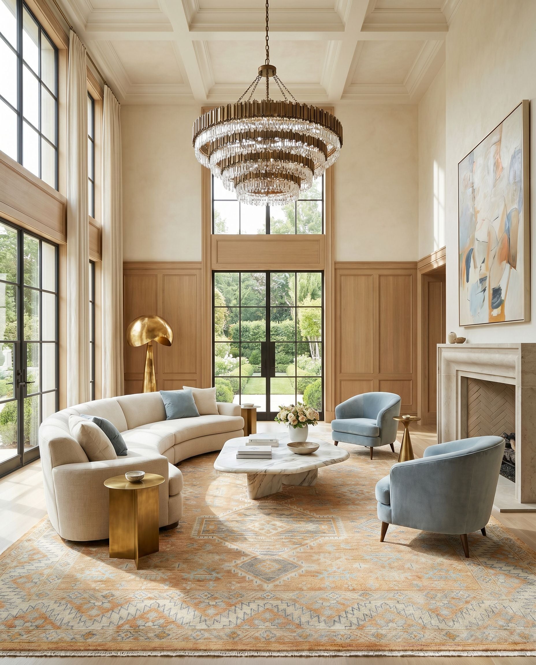 Bunyan BYN-2304 Hand Knotted Rug styled in an elegant designer living room — hand knotted traditional area rug in peach, slate and ivory tones