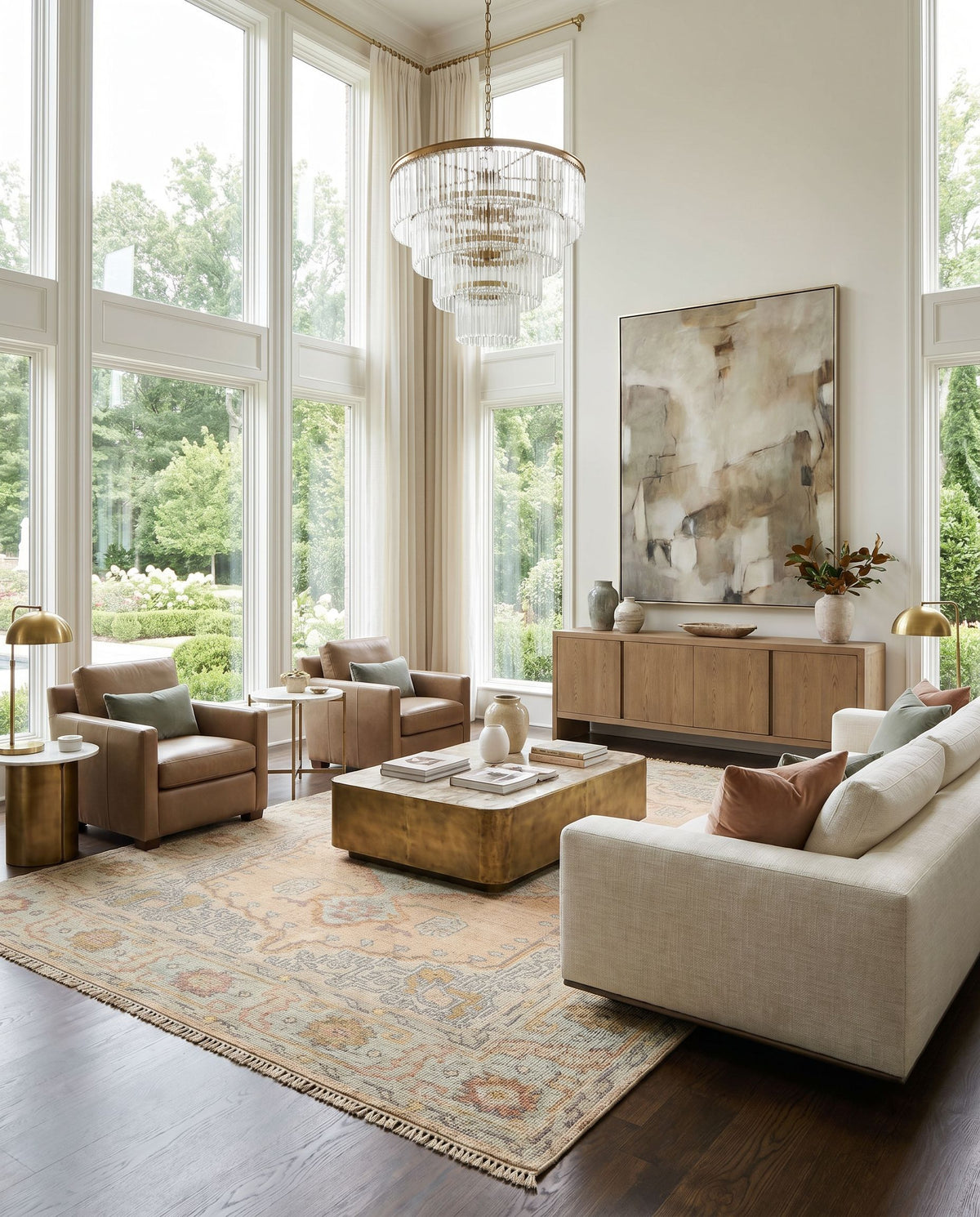 Nirvana NVN-2302 Hand Knotted Rug styled in an elegant designer living room — hand knotted traditional area rug in dusty coral, mustard, beige and medium gray tones