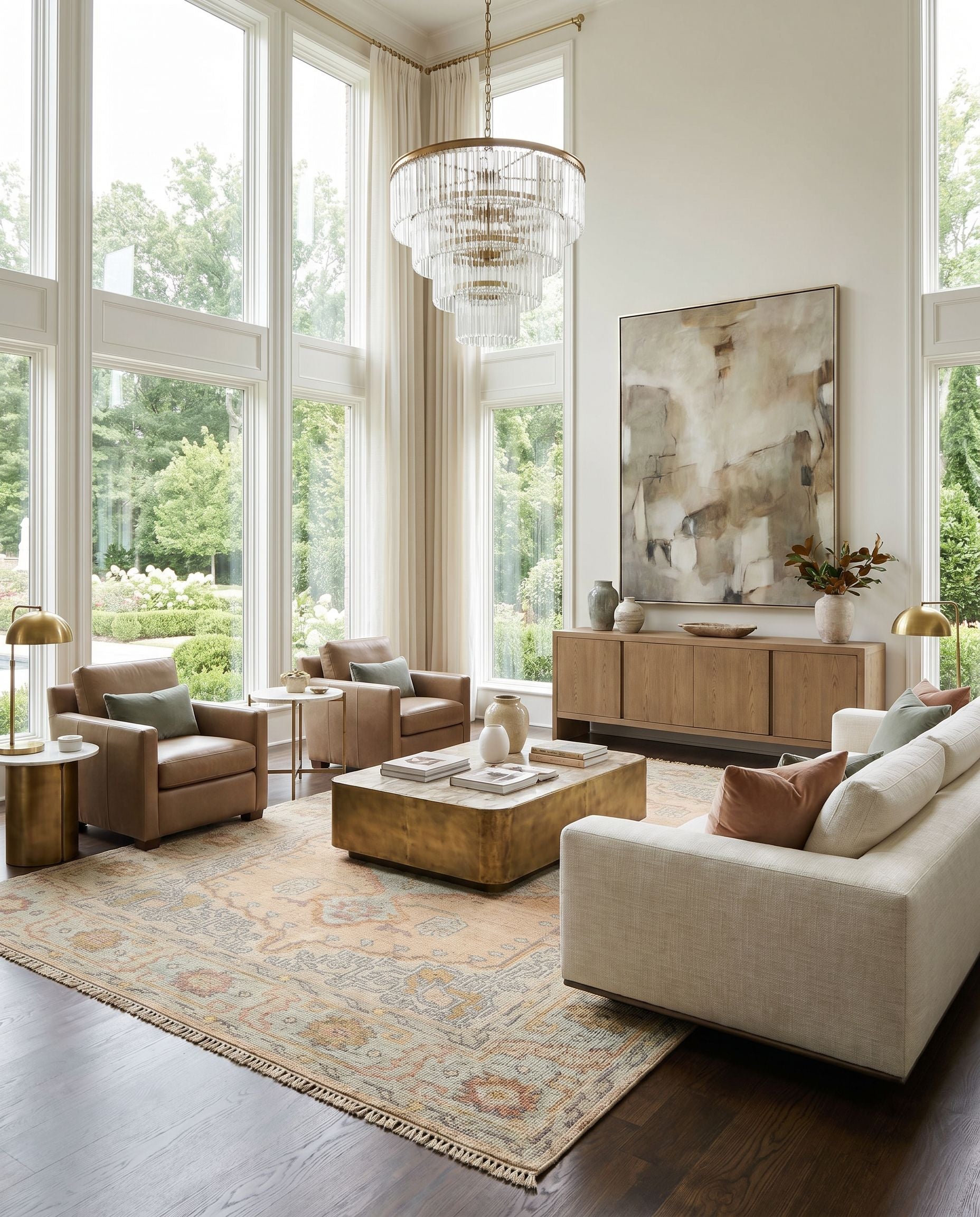 Nirvana NVN-2302 Hand Knotted Rug styled in an elegant designer living room — hand knotted traditional area rug in dusty coral, mustard, beige and medium gray tones
