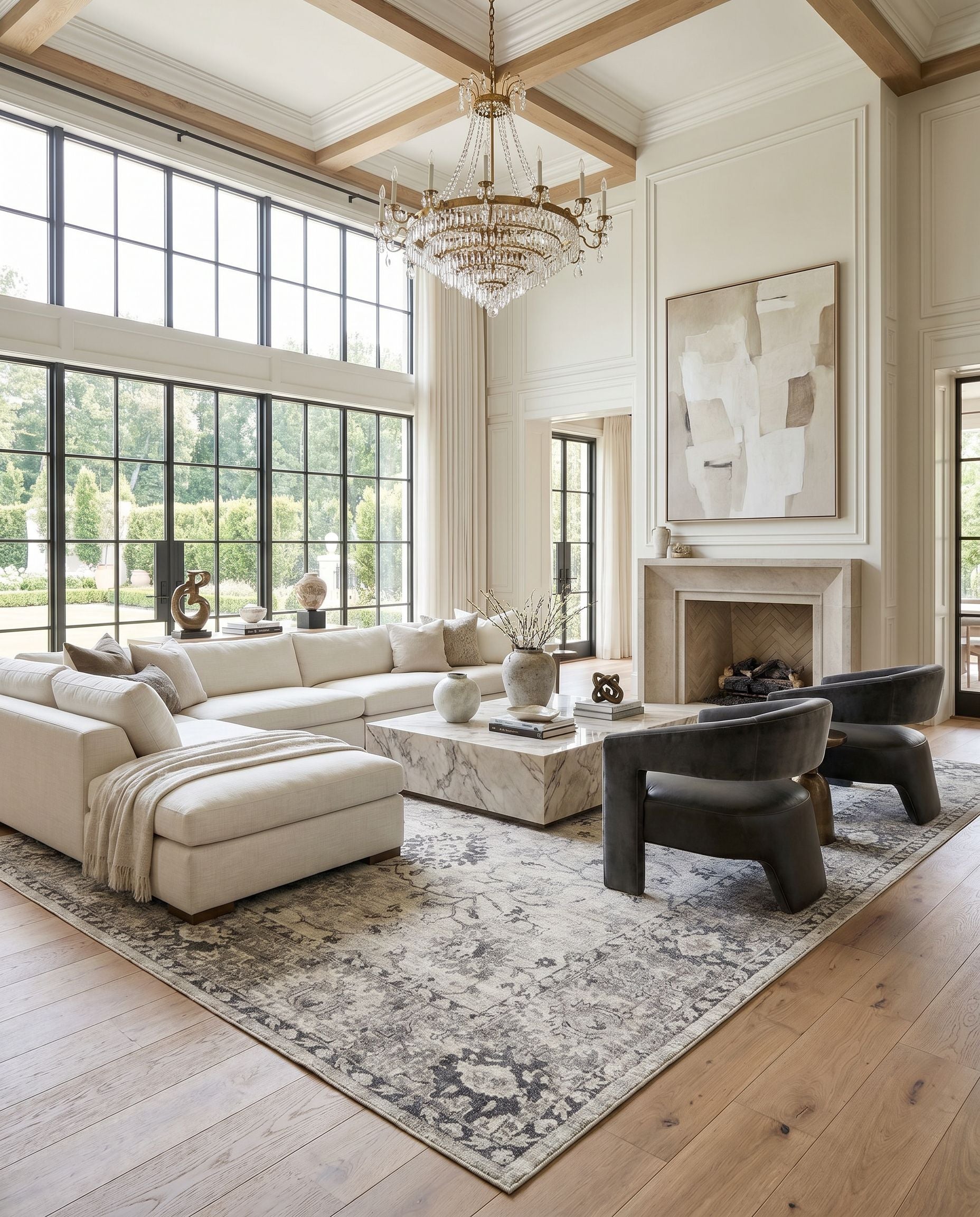 Wilson WSN-2309 Hand Loomed Rug styled in an elegant designer living room — hand loomed traditional area rug in charcoal, medium gray, gray and light gray tones