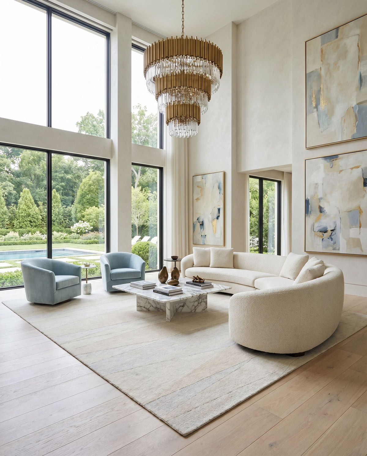 Forum FM-7238 Hand Tufted Rug styled in an elegant designer living room — hand tufted modern area rug in ivory, sand, light taupe and pale gray tones