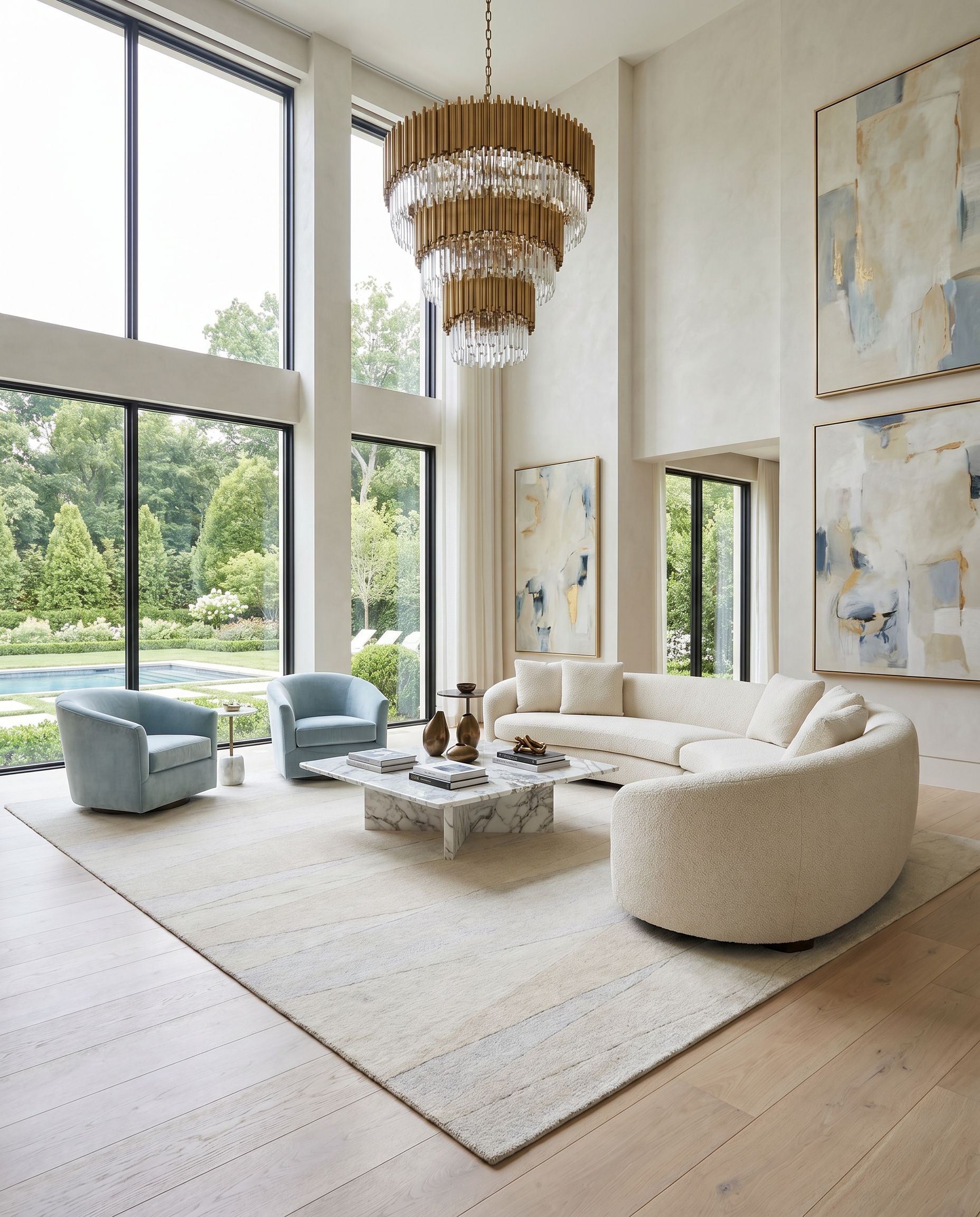 Forum FM-7238 Hand Tufted Rug styled in an elegant designer living room — hand tufted modern area rug in ivory, sand, light taupe and pale gray tones