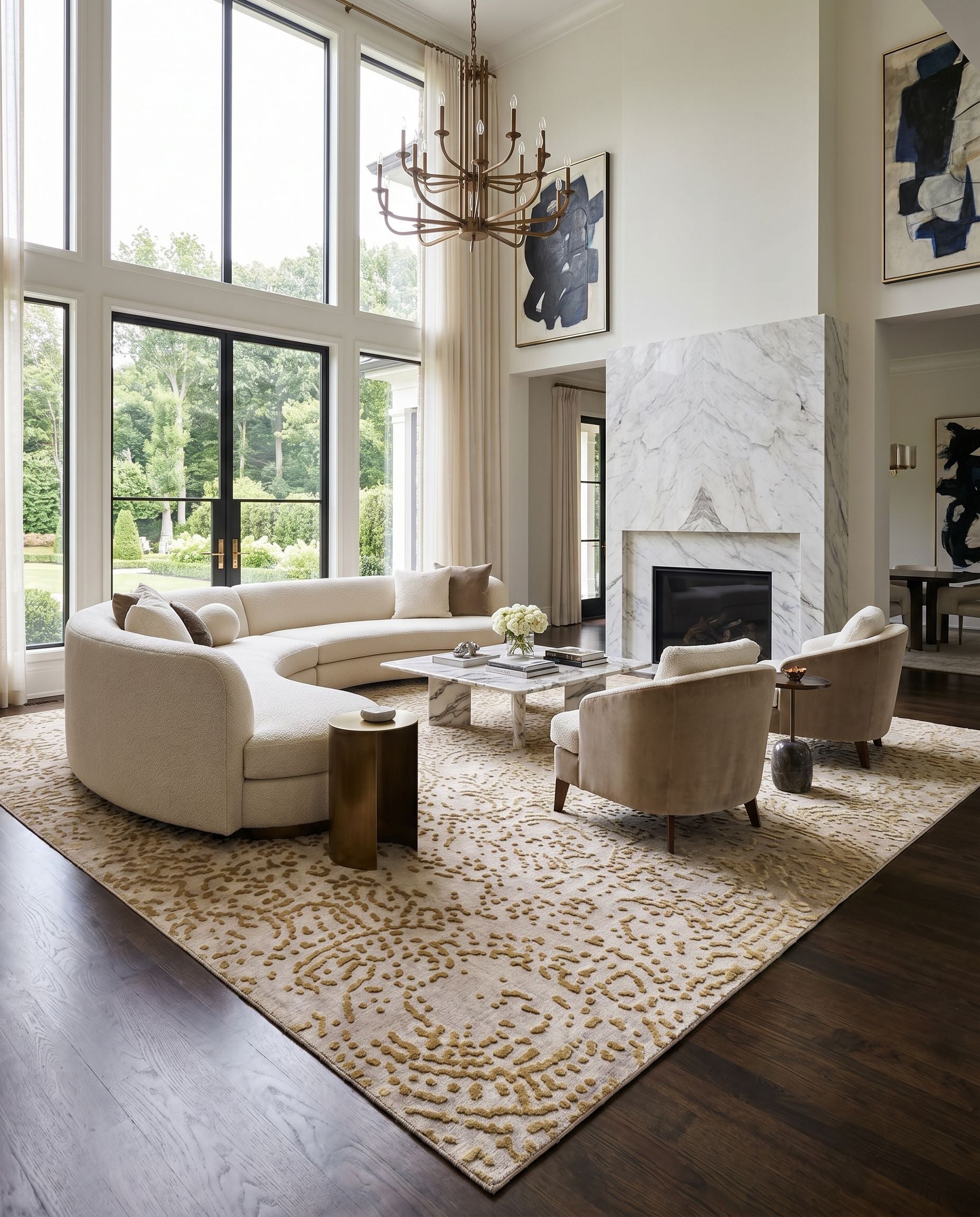 Shibui SH-7414 Hand Knotted Rug styled in an elegant designer living room — hand knotted modern area rug in medium gray, mustard and taupe tones