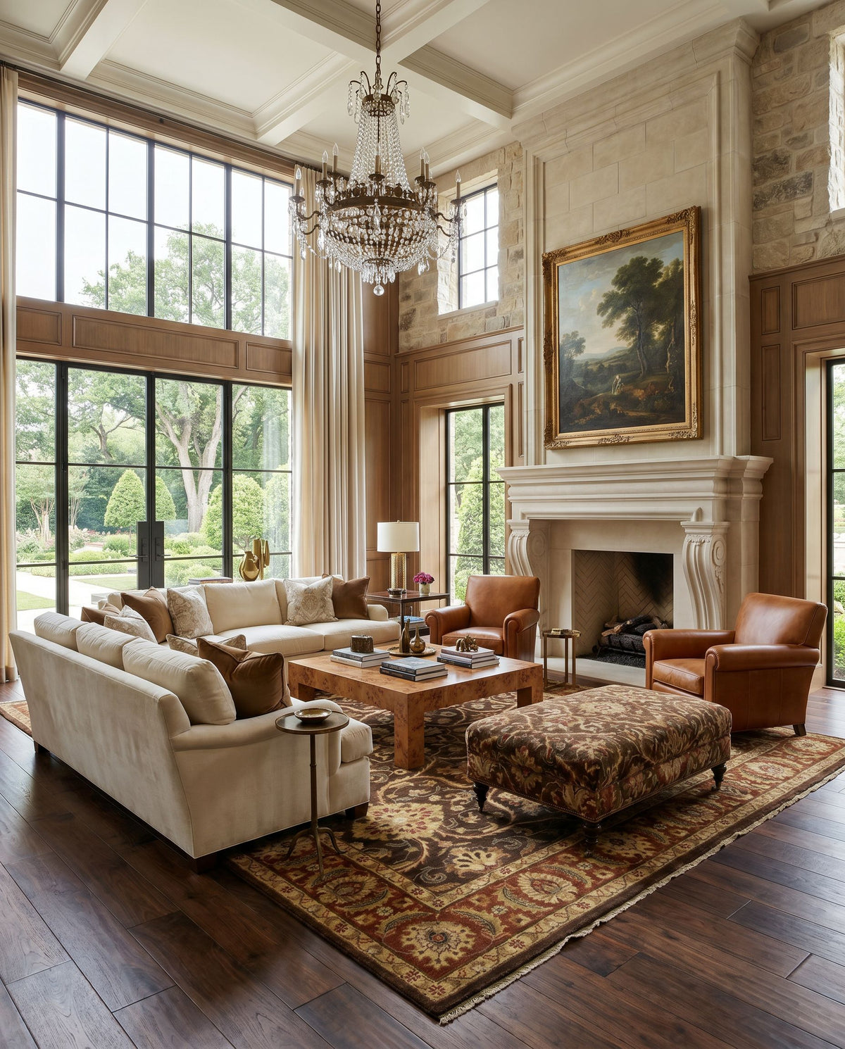 Timeless TIM-7920 Hand Knotted Rug styled in an elegant designer living room — hand knotted traditional area rug in light brown, burnt orange, medium brown and sky blue tones
