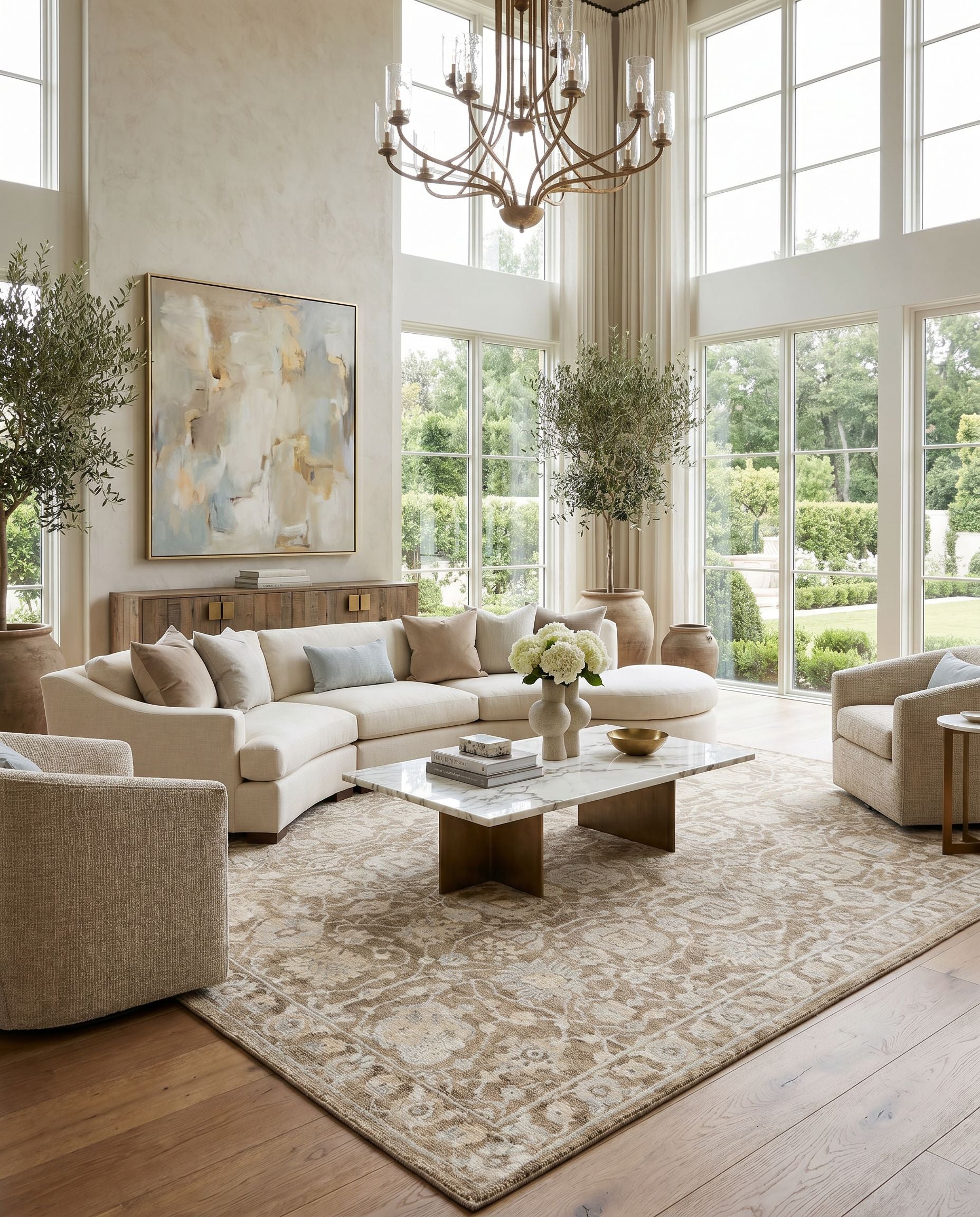 Royal RYL-2303 Hand Knotted Rug styled in an elegant designer living room — hand knotted traditional area rug in taupe, light beige, gray and slate tones