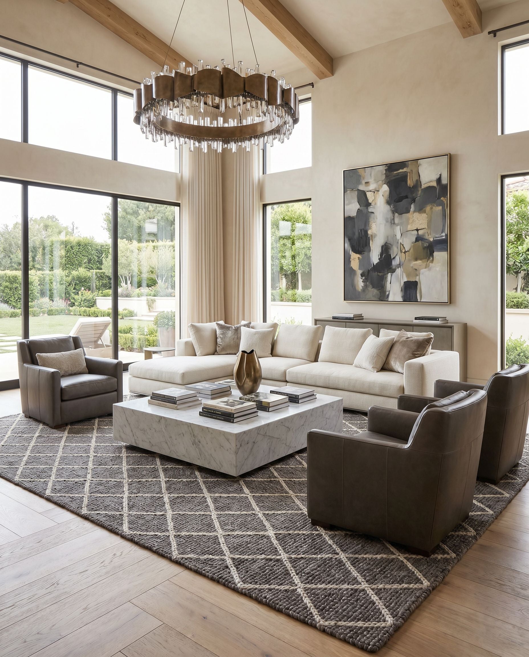 Whistler WSR-2301 Hand Woven Rug styled in an elegant designer living room — hand woven modern area rug in charcoal and oatmeal tones
