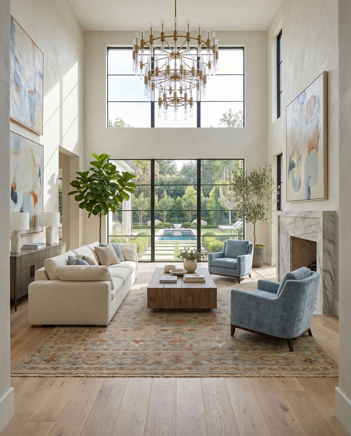 Reign REG-2321 Hand Knotted Rug styled in an elegant designer living room — hand knotted traditional area rug in dusty coral, light sage, ivory and brown tones