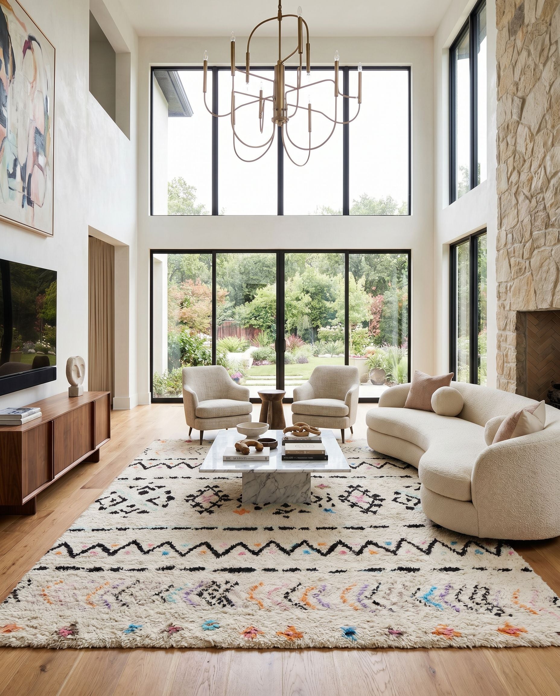 Riad RID-3003 Hand Knotted Rug styled in an elegant designer living room — hand knotted global area rug in ivory, black, pink and burnt orange tones