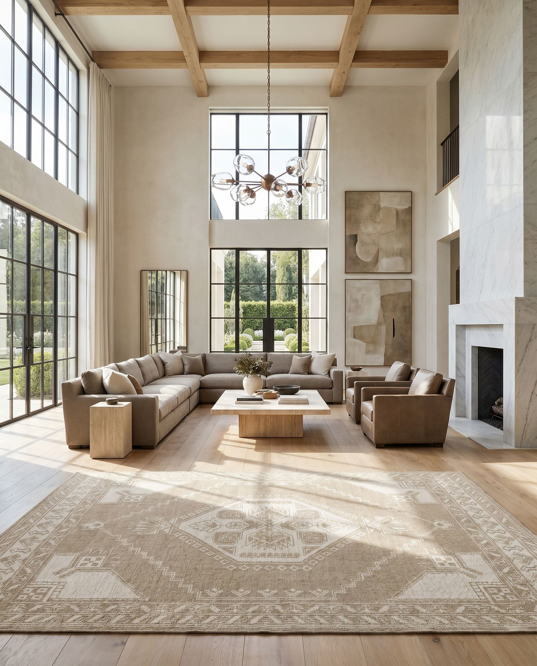 Zahra ZHA-2305 Hand Knotted Rug styled in an elegant designer living room — hand knotted traditional area rug in cream and light brown tones