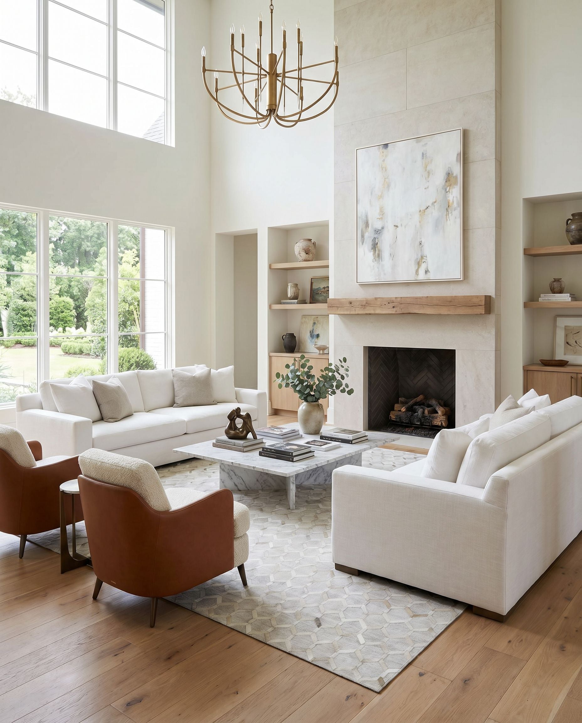 Medora MOD-1005 Hand Crafted Rug styled in an elegant designer living room — hand crafted modern area rug in medium brown, tan, cream and light gray tones