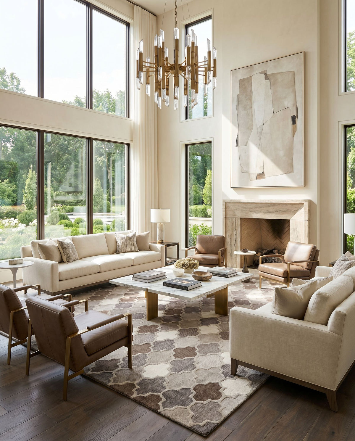 Oasis OAS-1088 Hand Tufted Rug styled in an elegant designer living room — hand tufted cottage area rug in charcoal, taupe, gray and dark brown tones