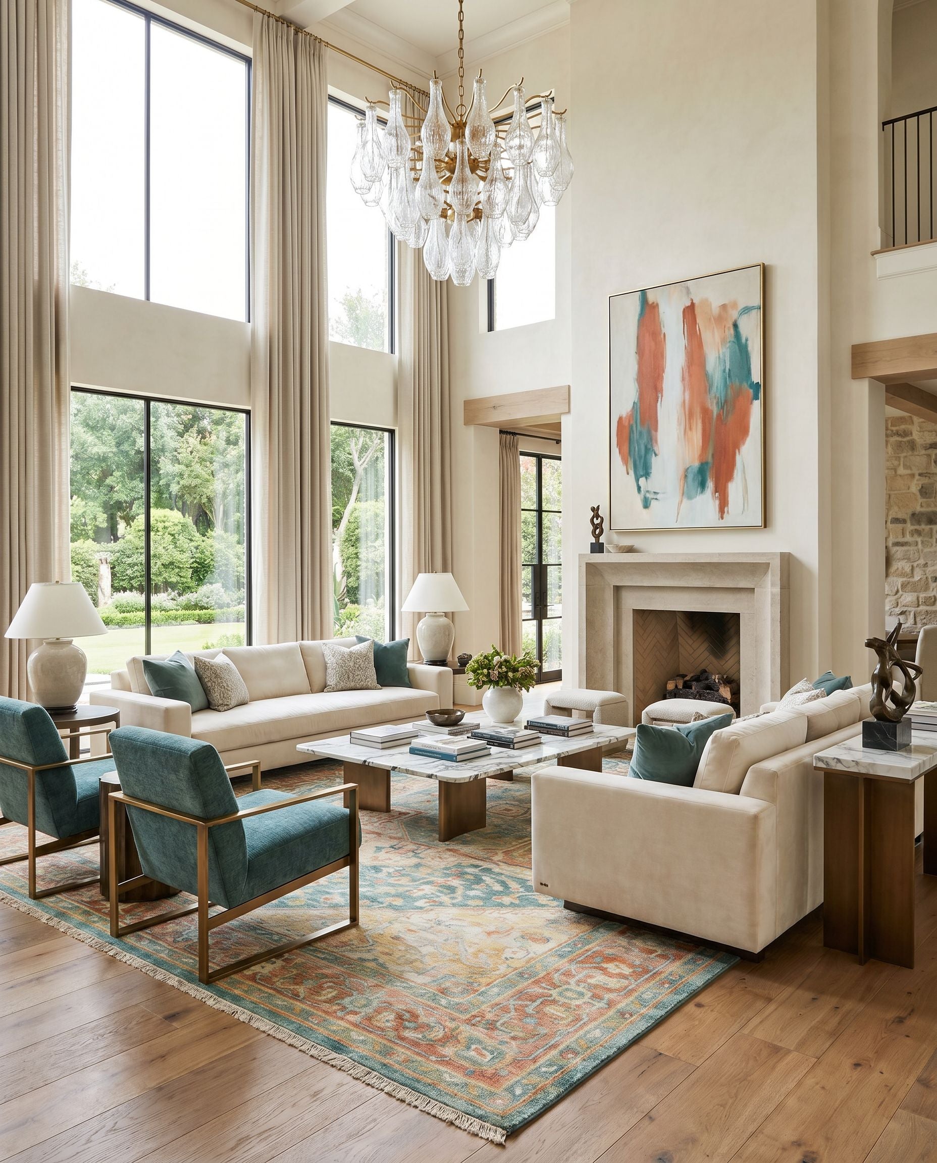 Hamadan HAM-2300 Hand Knotted Rug styled in an elegant designer living room — hand knotted traditional area rug in saffron, camel, light beige and sage tones