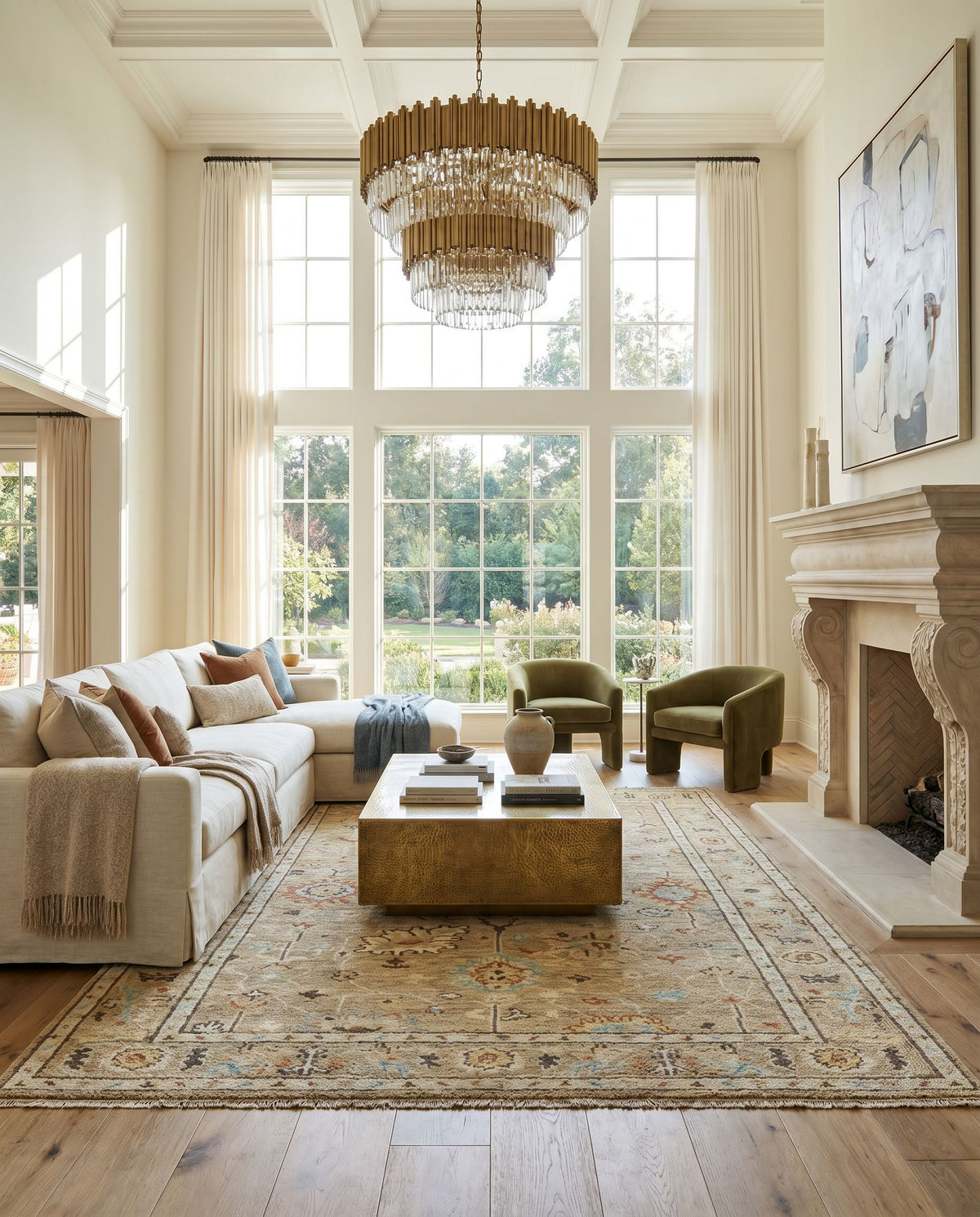 Biscayne BSY-2314 Hand Knotted Rug styled in an elegant designer living room — hand knotted traditional area rug in tan, dark brown, yellow and rose tones