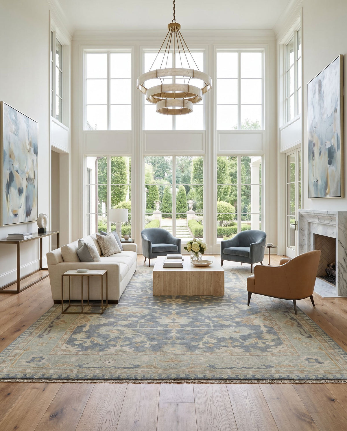 Cappadocia CPP-5020 Hand Knotted Rug styled in an elegant designer living room — hand knotted traditional area rug in medium gray, seafoam, cream and taupe tones