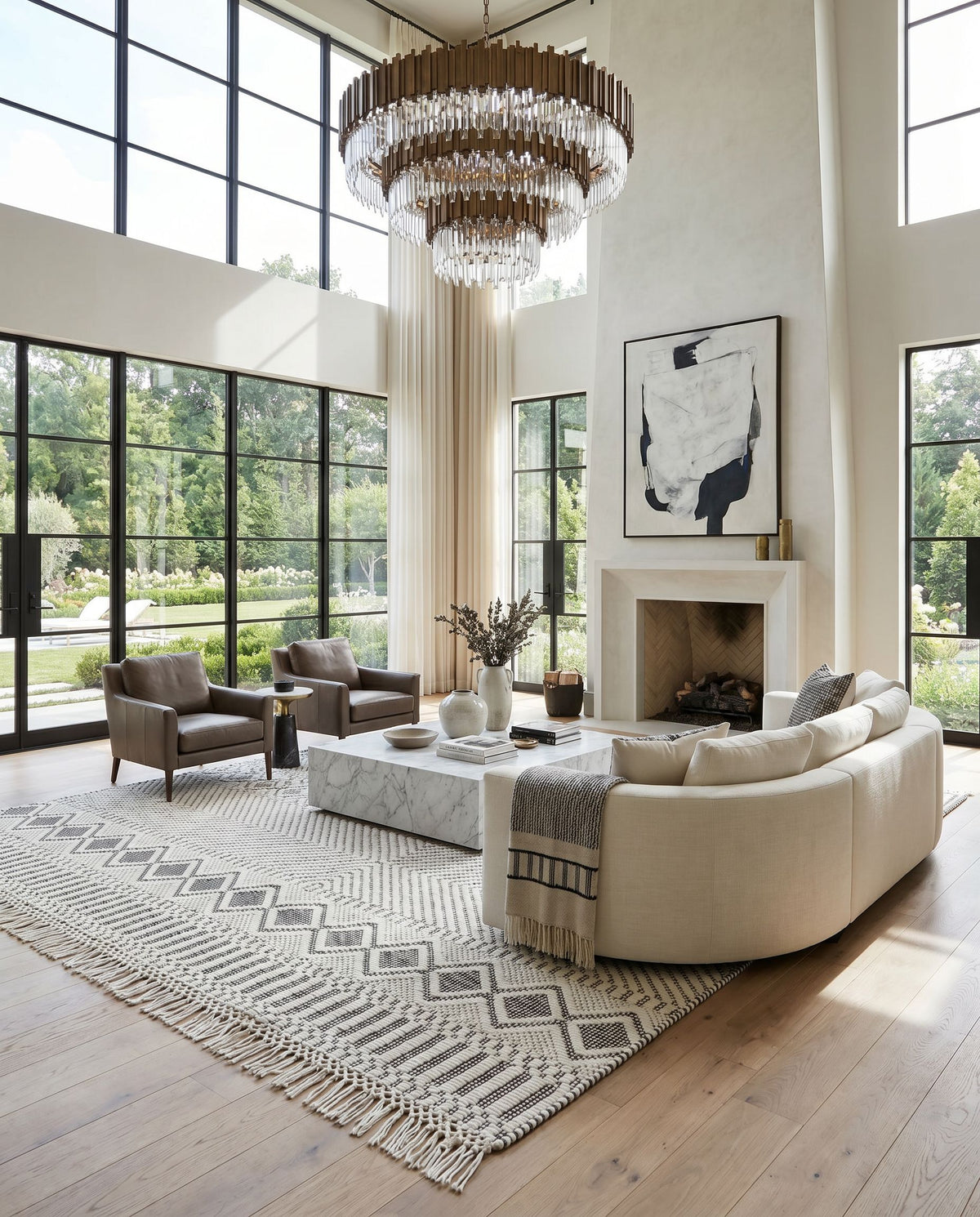 Saint Clair SIC-2300 Hand Woven Rug styled in an elegant designer living room — hand woven global area rug in black and cream tones