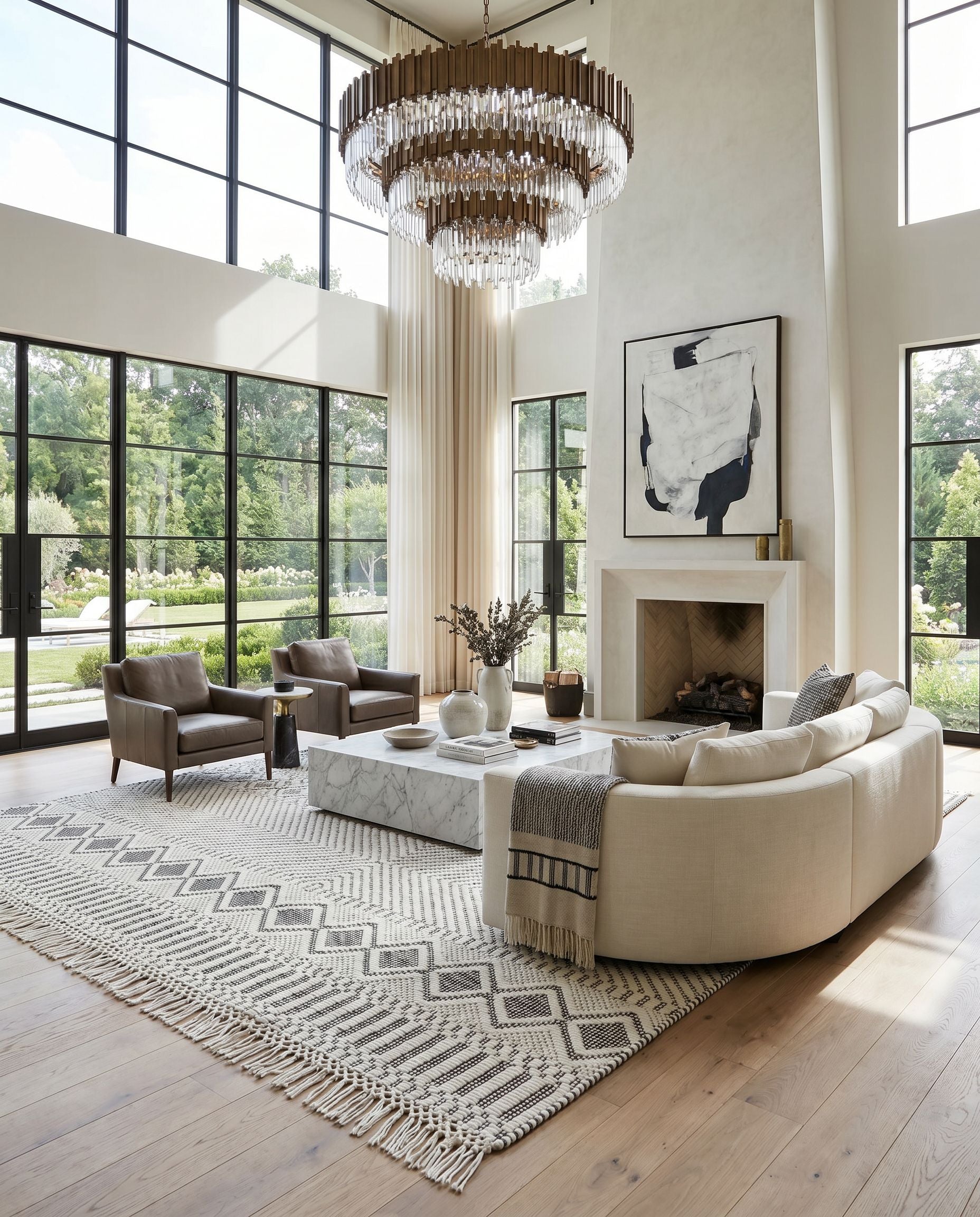 Saint Clair SIC-2300 Hand Woven Rug styled in an elegant designer living room — hand woven global area rug in black and cream tones