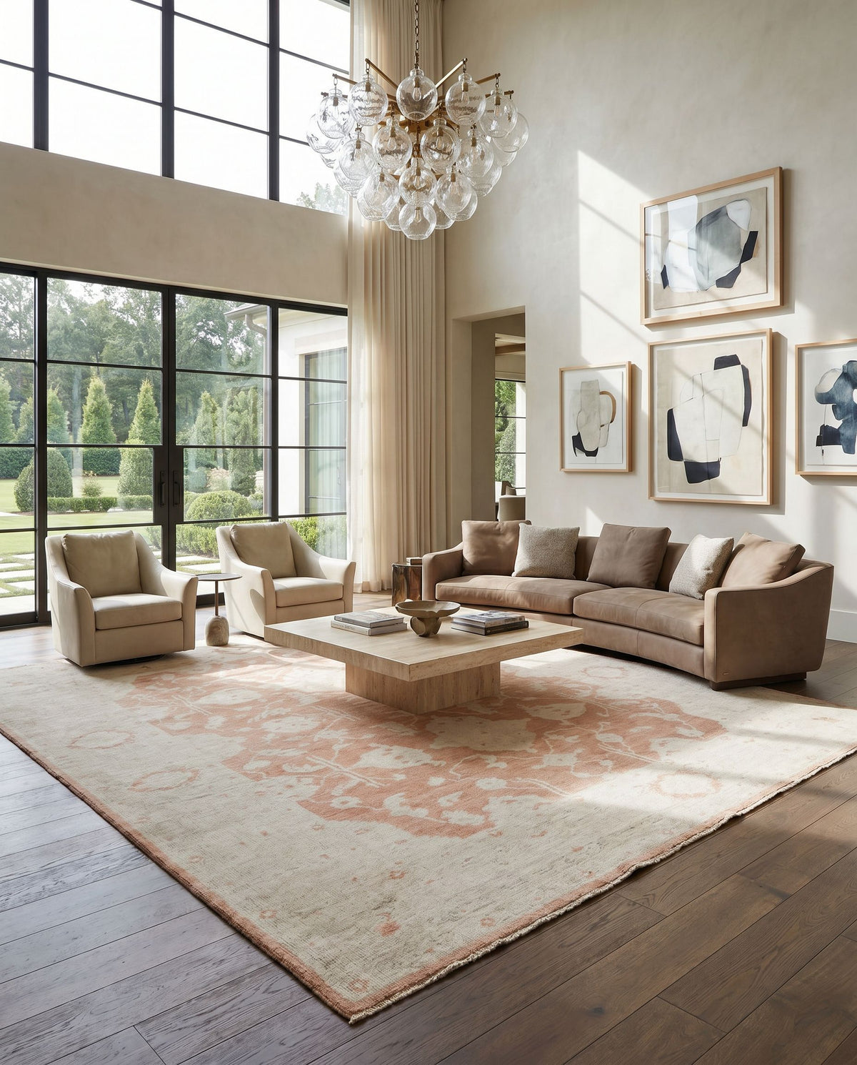 Normandy NOY-8000 Hand Knotted Rug styled in an elegant designer living room — hand knotted traditional area rug in beige, dusty pink and light gray tones