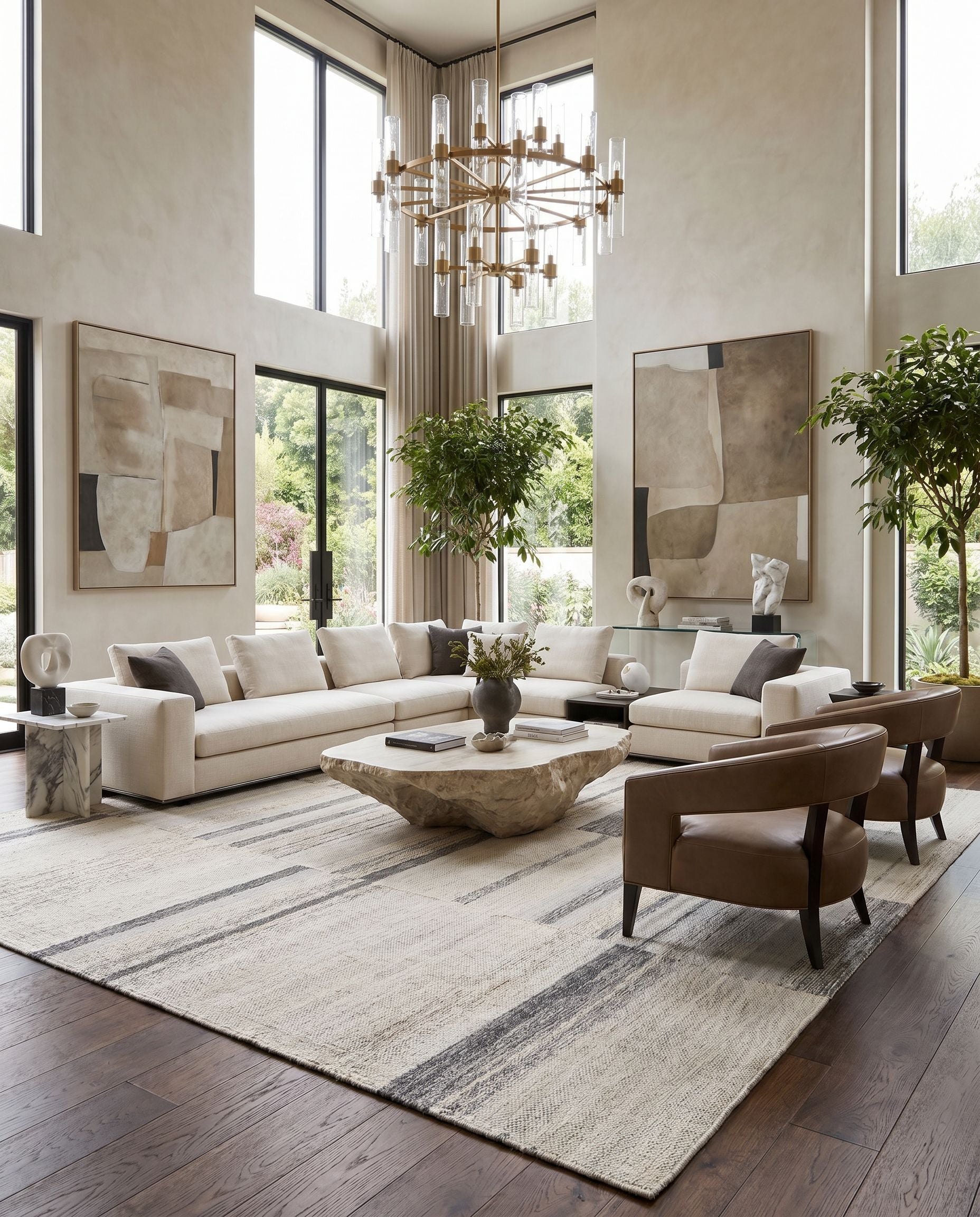 Scandi SCD-2305 Hand Woven Rug styled in an elegant designer living room — hand woven global area rug in black, medium gray, light gray and tan tones