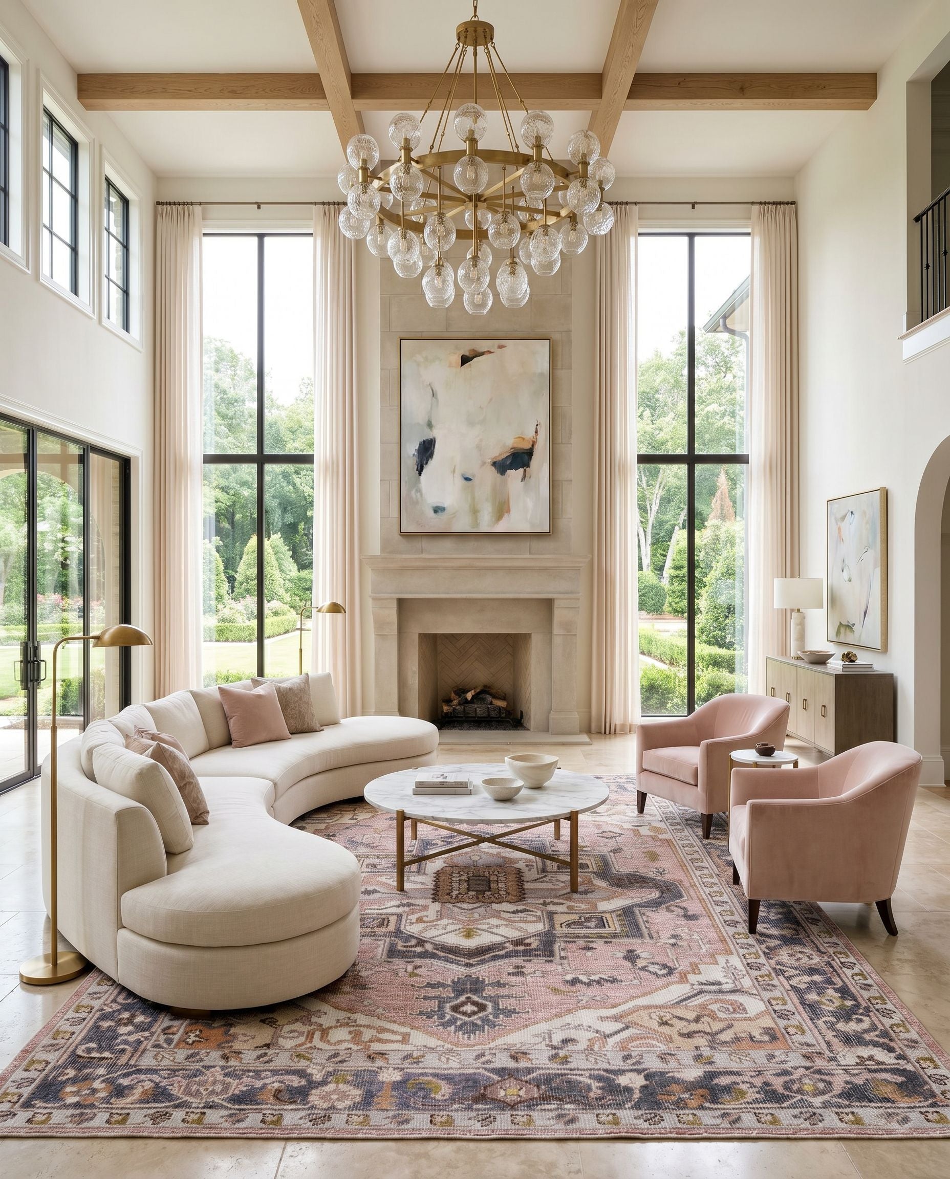 Revere RVE-2304 Hand Knotted Rug styled in an elegant designer living room — hand knotted traditional area rug in rust, charcoal, dark blue and pale blue tones