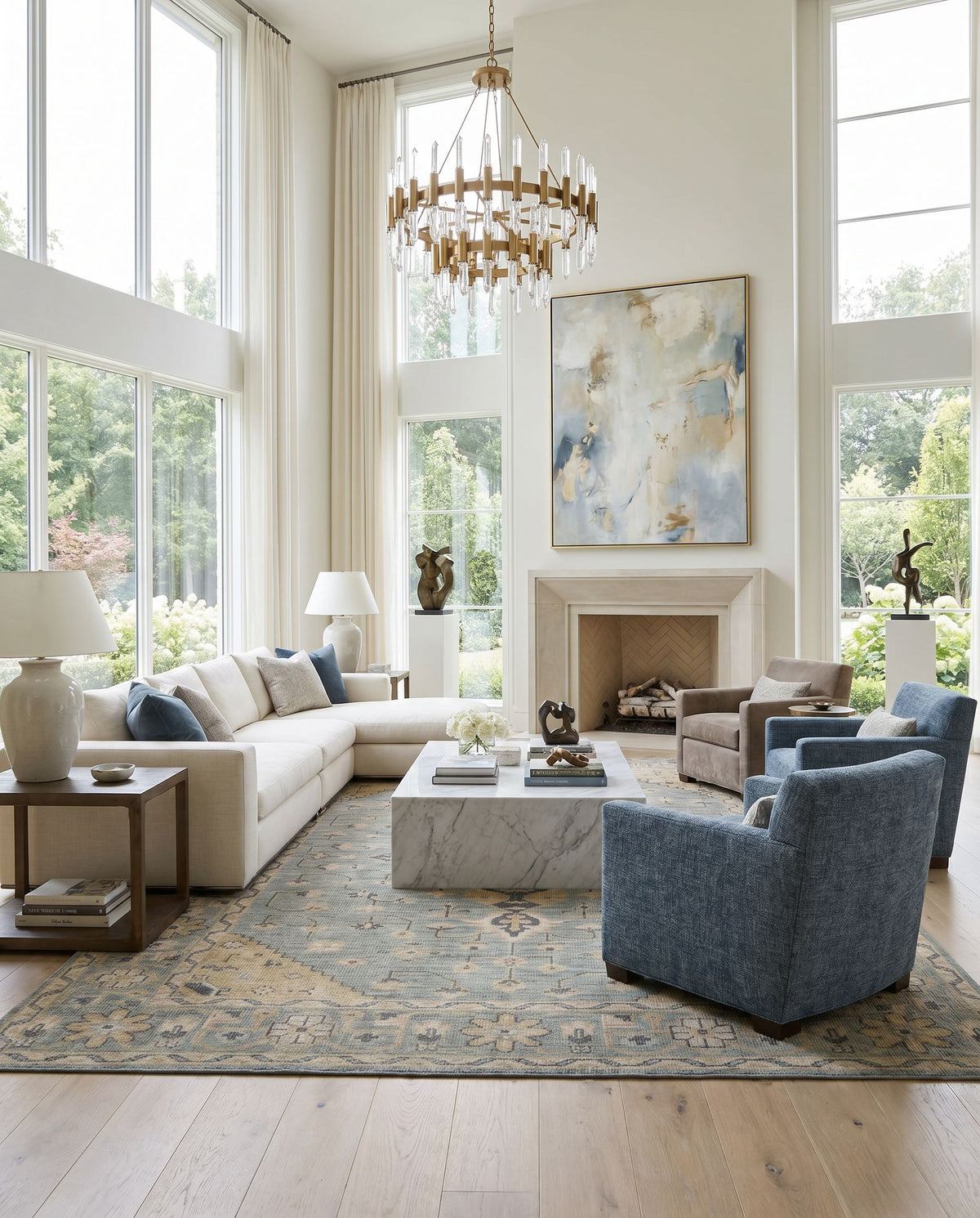 Zahra ZHA-2302 Hand Knotted Rug styled in an elegant designer living room — hand knotted traditional area rug in dusty sage, light sage, blush and light olive tones