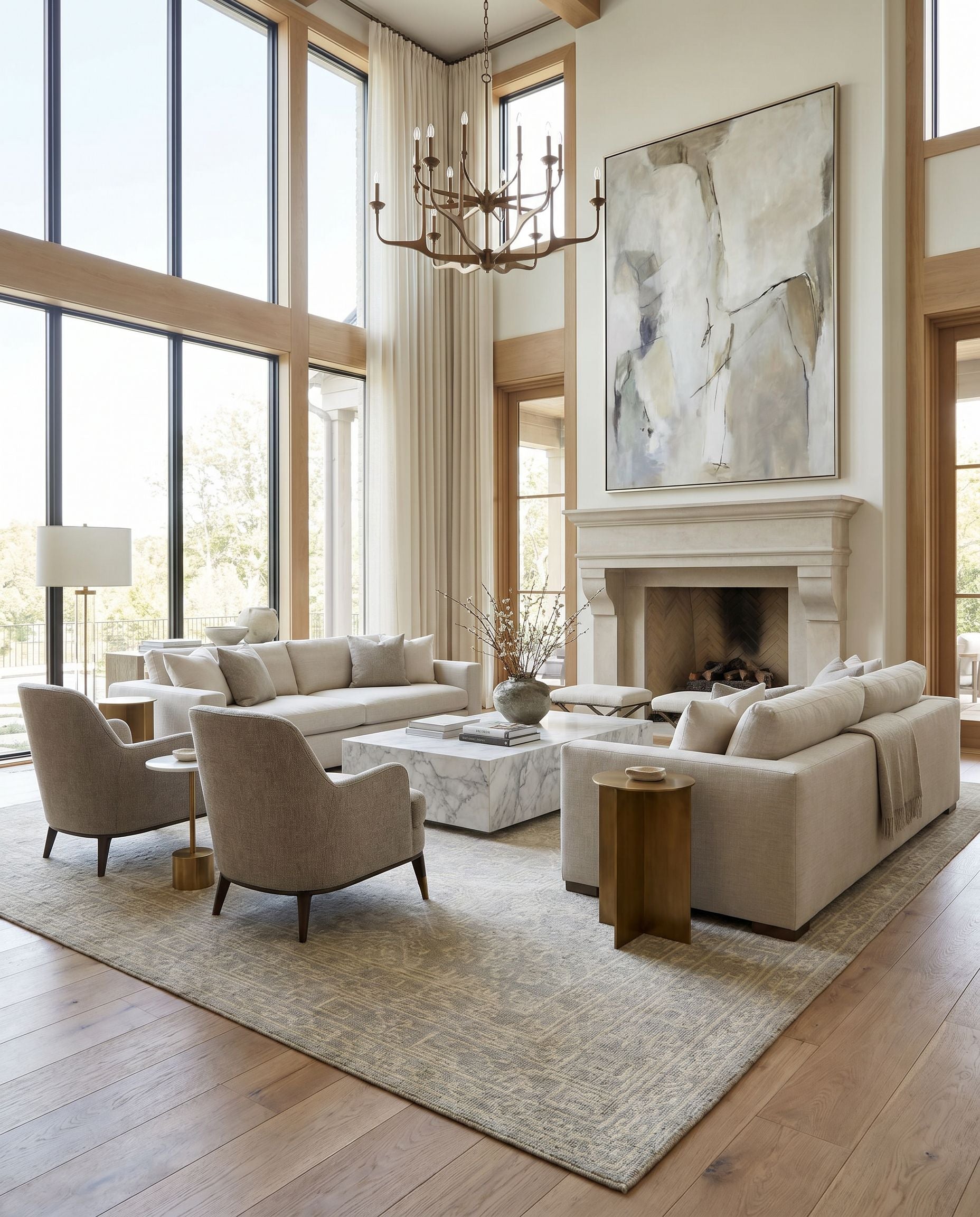 Haven HVN-1215 Hand Knotted Rug styled in an elegant designer living room — hand knotted traditional area rug in beige and cream tones