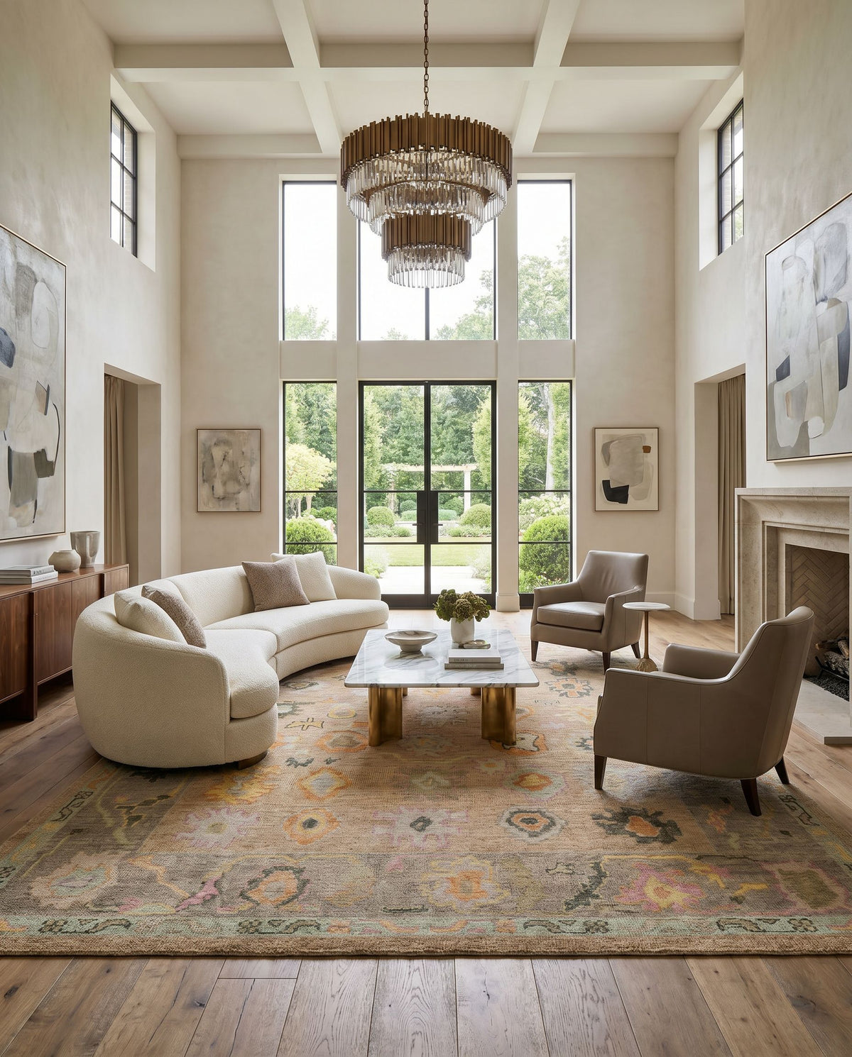 Kars KSA-2302 Hand Knotted Rug styled in an elegant designer living room — hand knotted traditional area rug in orange, bright yellow, pink and light olive tones