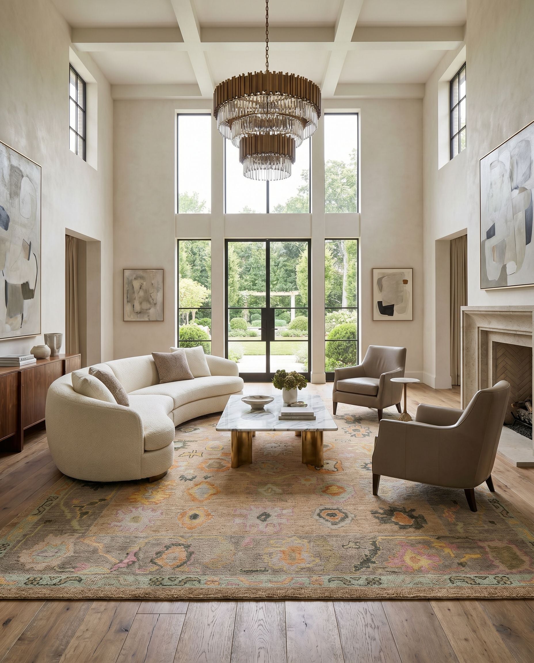 Kars KSA-2302 Hand Knotted Rug styled in an elegant designer living room — hand knotted traditional area rug in orange, bright yellow, pink and light olive tones