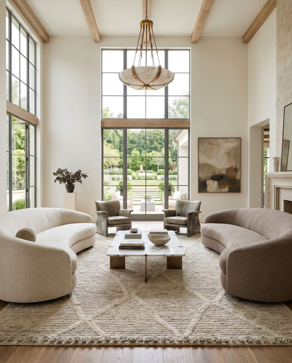 Manisa MNS-2307 Hand Woven Rug styled in an elegant designer living room — hand woven global area rug in cream and black tones