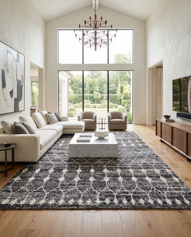 Birch BHC-2301 Hand Knotted Rug styled in an elegant designer living room — hand knotted global area rug in black, charcoal, medium gray and light gray tones
