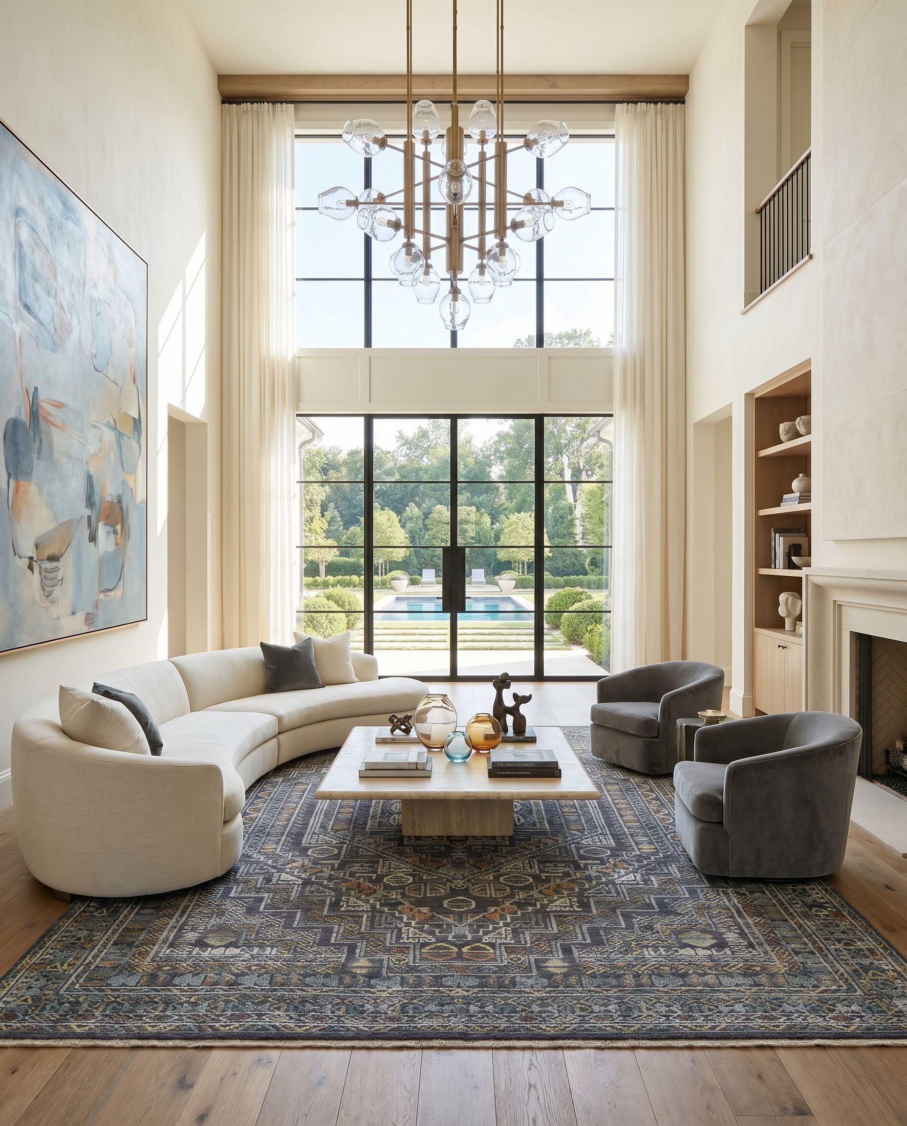 Nobility NBI-2315 Hand Knotted Rug styled in an elegant designer living room — hand knotted traditional area rug in charcoal, light gray, wheat and peach tones
