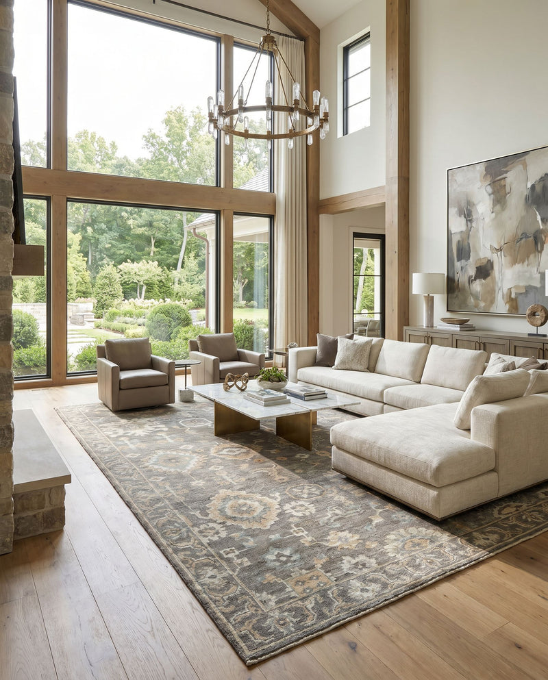 Royal RYL-2300 Hand Knotted Rug styled in an elegant designer living room — hand knotted traditional area rug in charcoal, gray, tan and slate tones