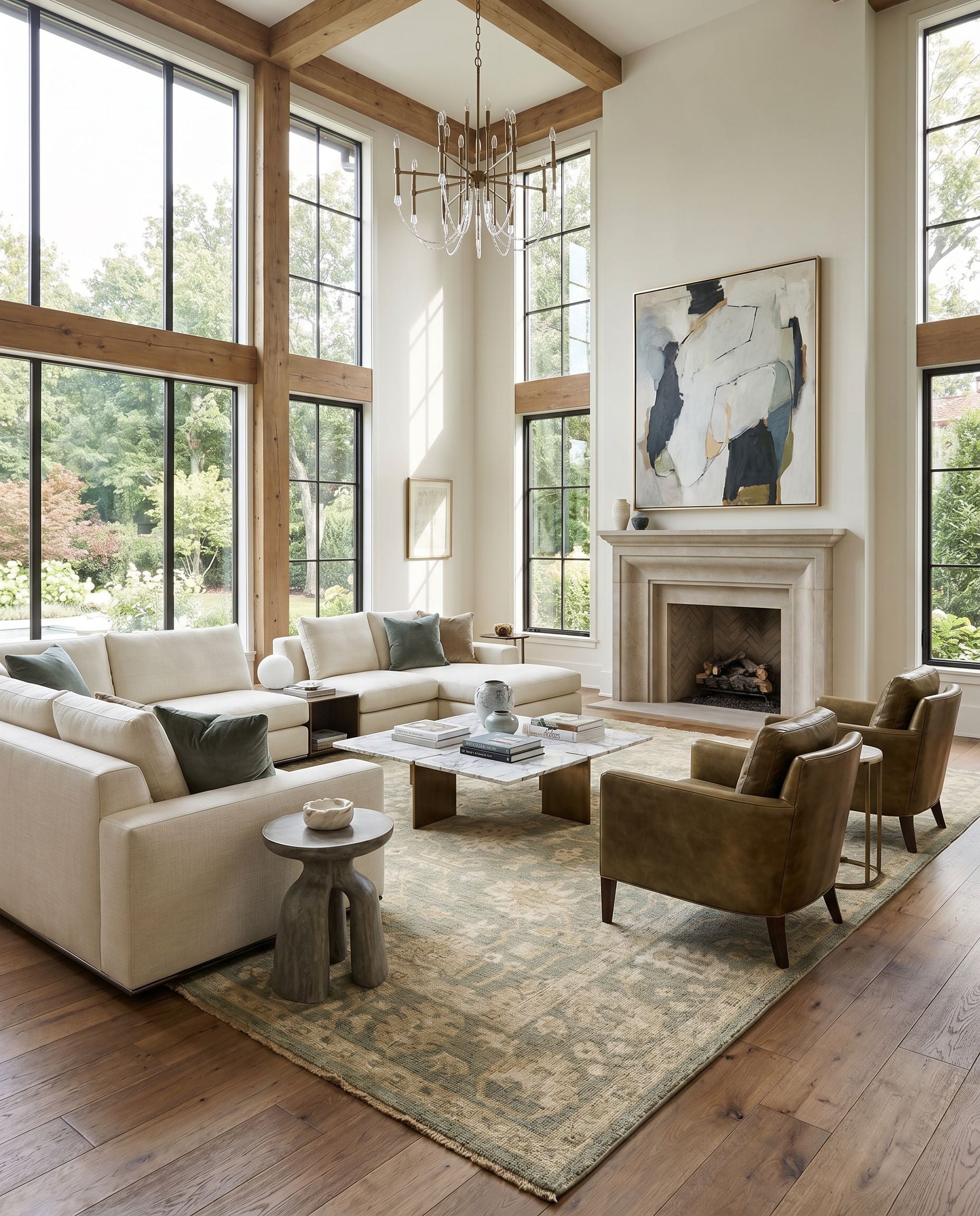 Reign REG-2306 Hand Knotted Rug styled in an elegant designer living room — hand knotted traditional area rug in dusty sage, tan, beige and light brown tones