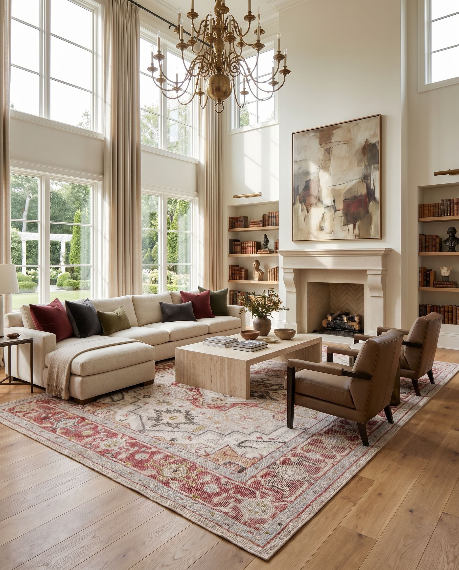 Revere RVE-2306 Hand Knotted Rug styled in an elegant designer living room — hand knotted traditional area rug in rust, charcoal, brown and pale blue tones