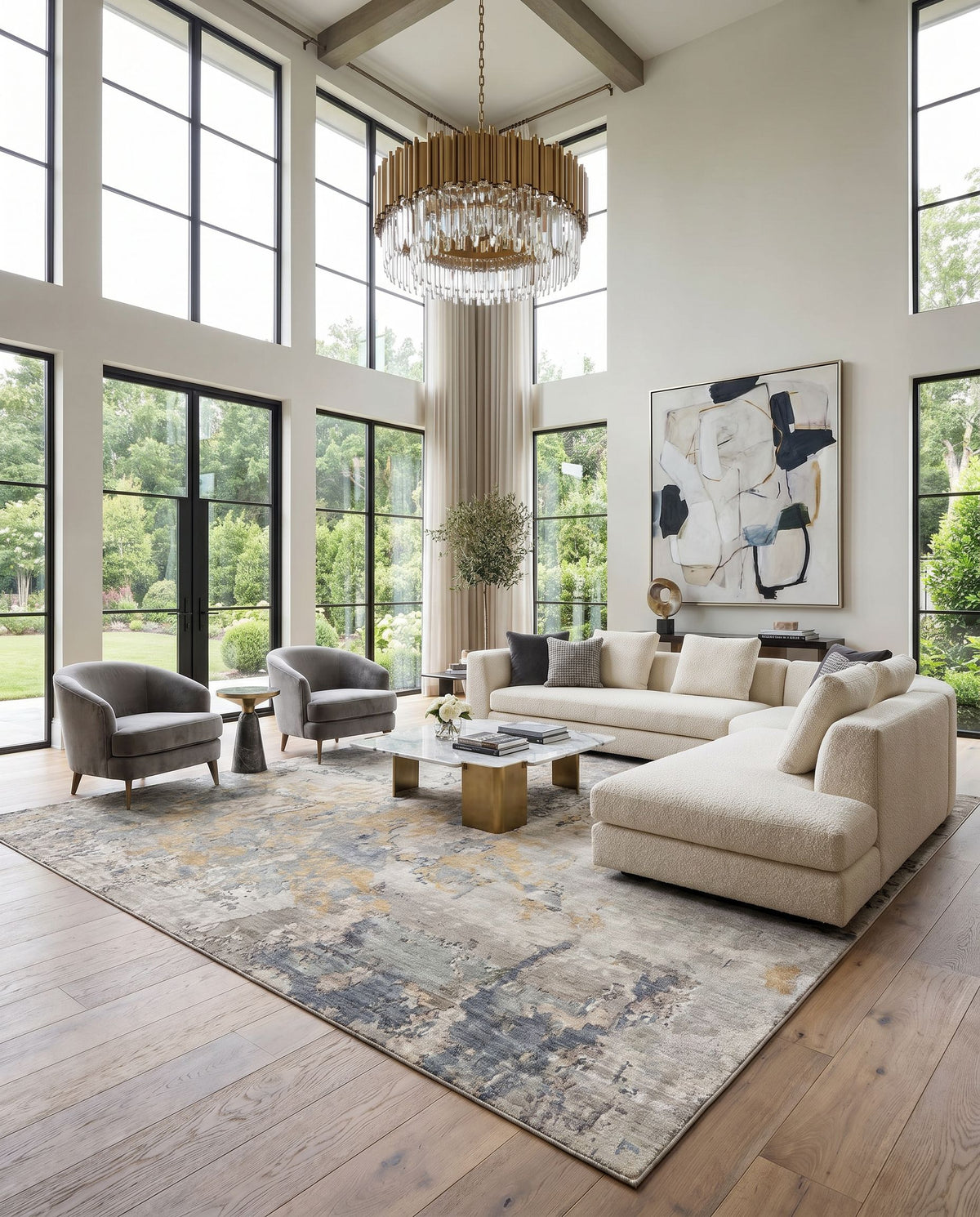 Imola IML-1001 Hand Knotted Rug styled in an elegant designer living room — hand knotted modern area rug in beige, light gray, light sage and gray tones