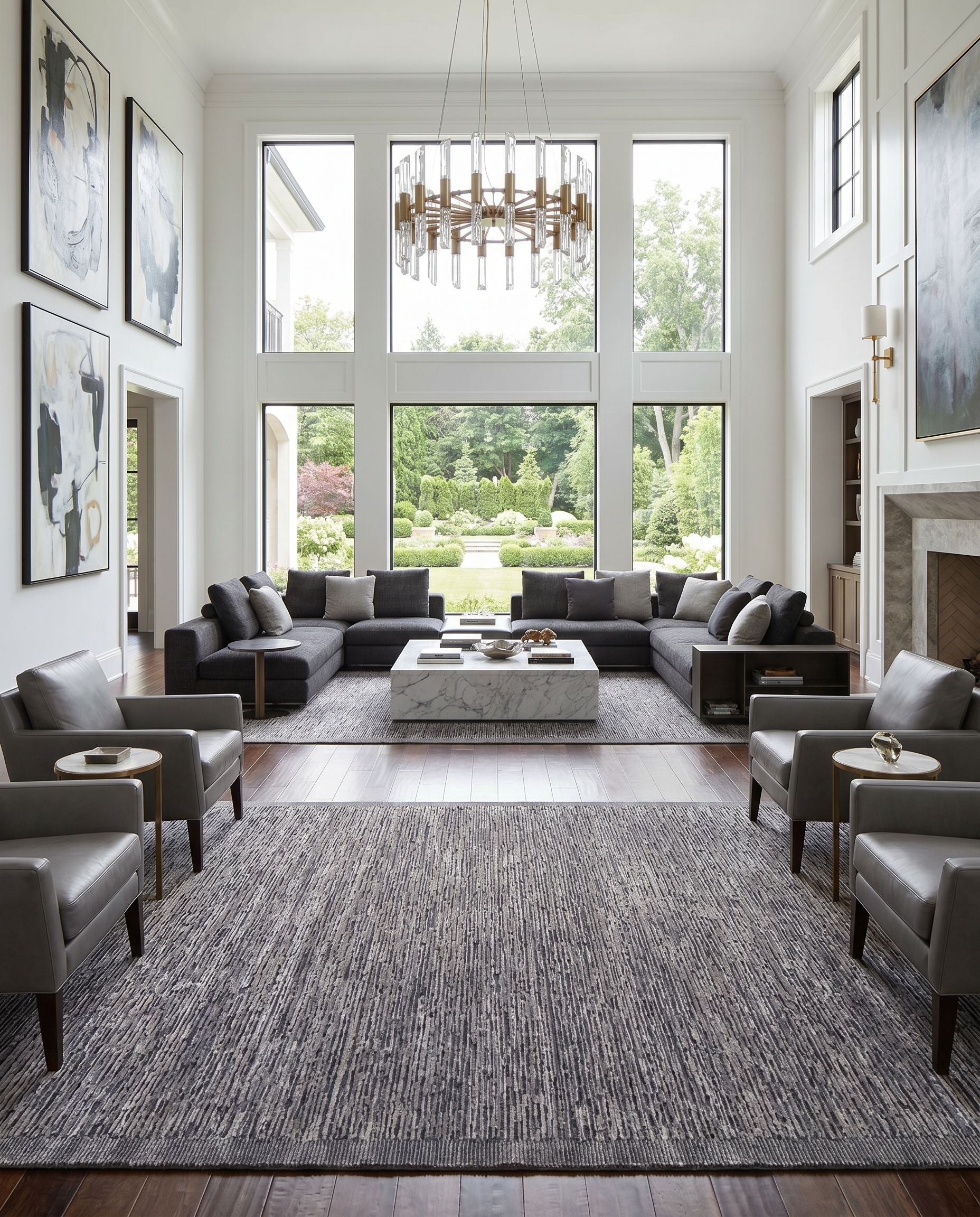 Capri CAP-2307 Hand Knotted Rug styled in an elegant designer living room — hand knotted modern area rug in black and charcoal tones