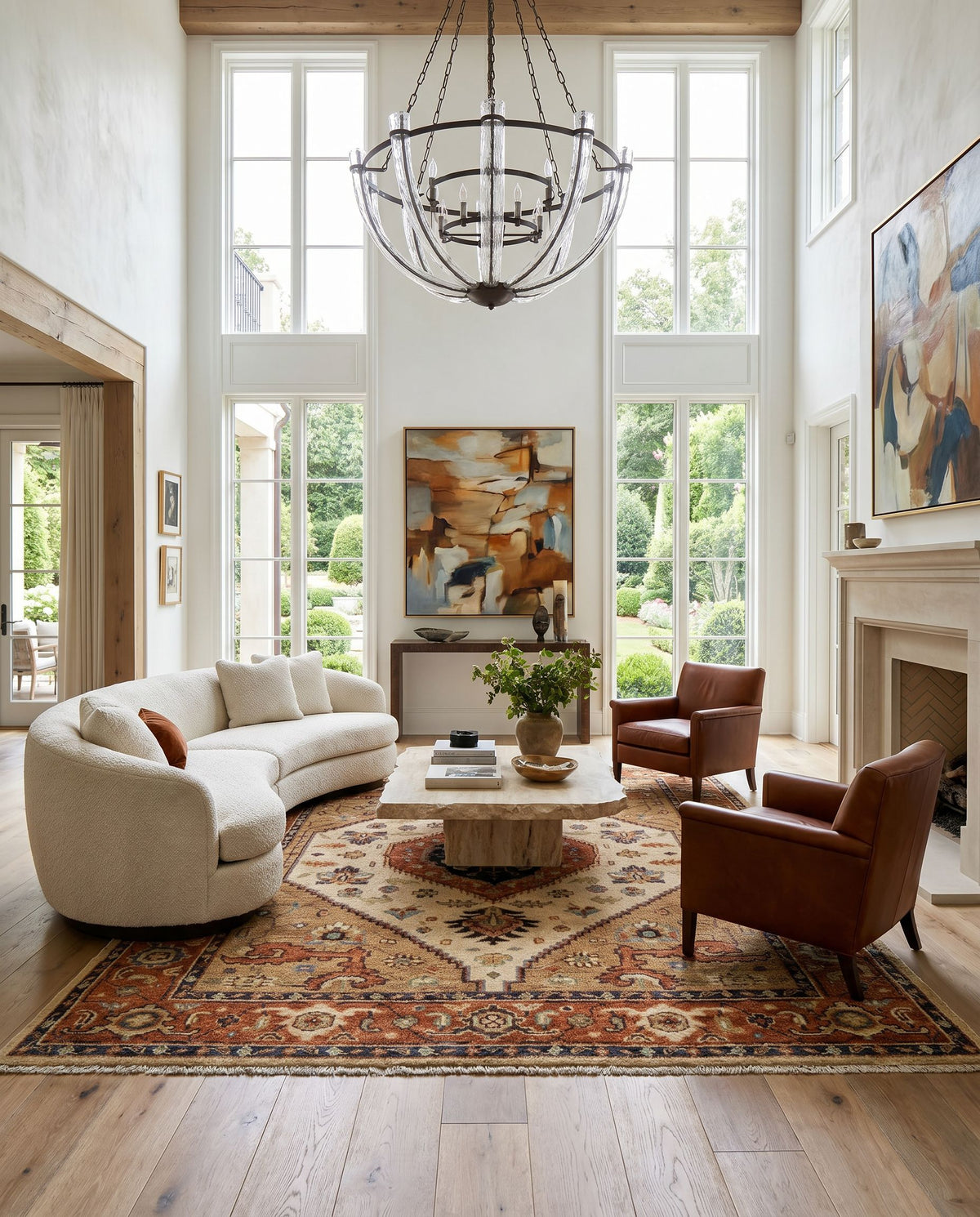 Biscayne BSY-2302 Hand Knotted Rug styled in an elegant designer living room — hand knotted traditional area rug in aqua, ink blue, tan and rust tones