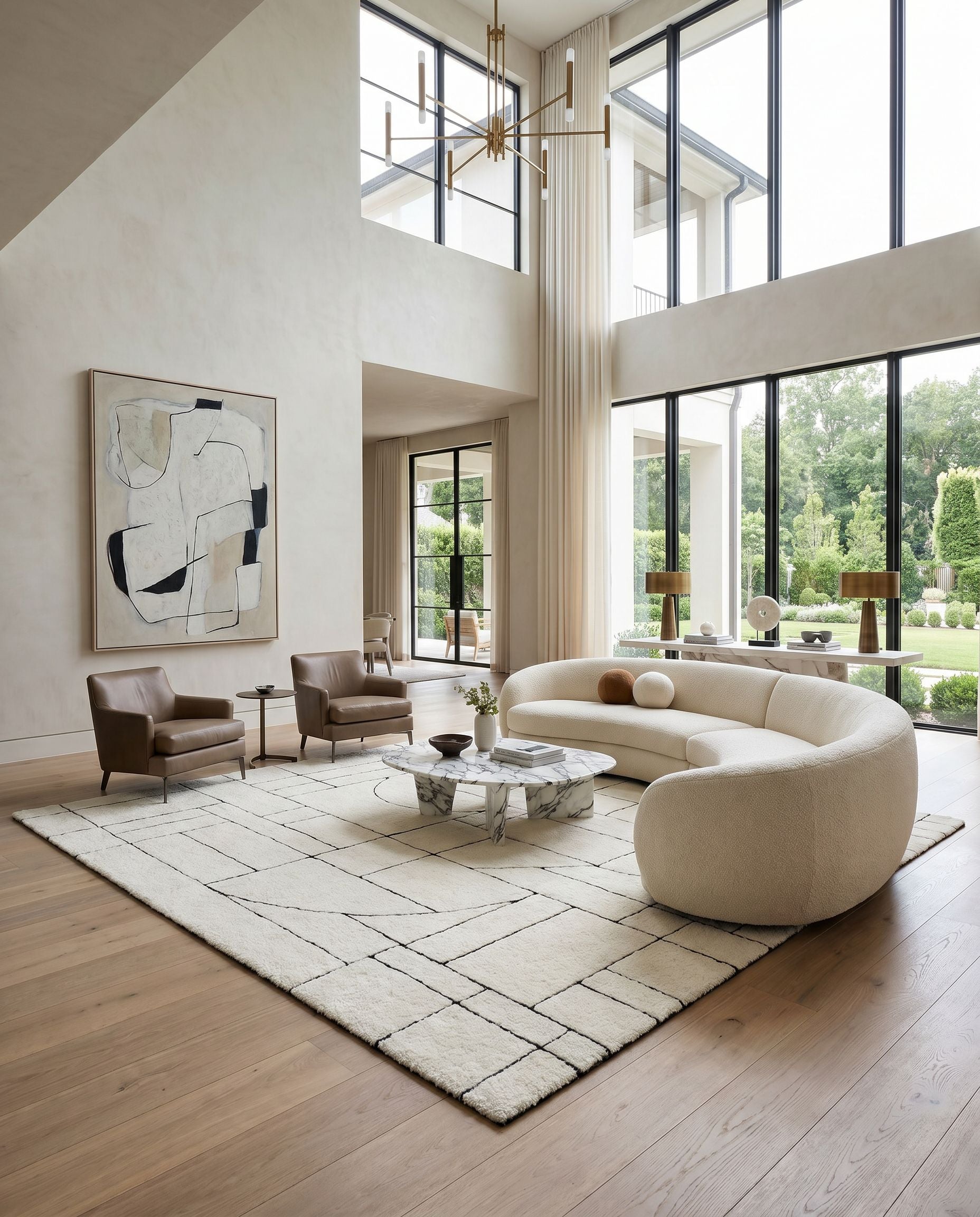 Portobello PBO-2302 Hand Tufted Rug styled in an elegant designer living room — hand tufted modern area rug in cream and black tones