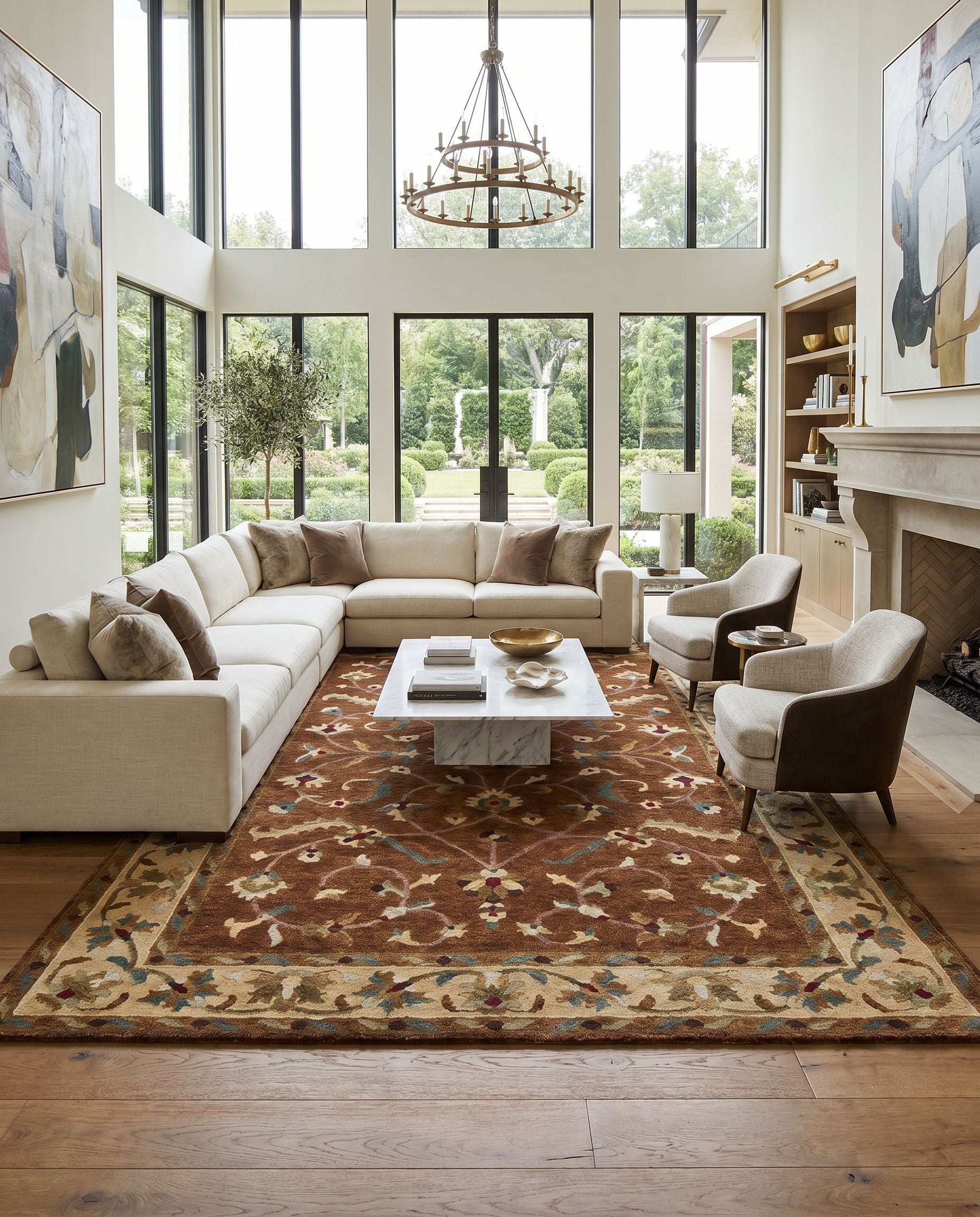 Anastacia ANA-8403 Hand Knotted Rug styled in an elegant designer living room — hand knotted traditional area rug in brown, wheat, dusty pink and pale blue tones