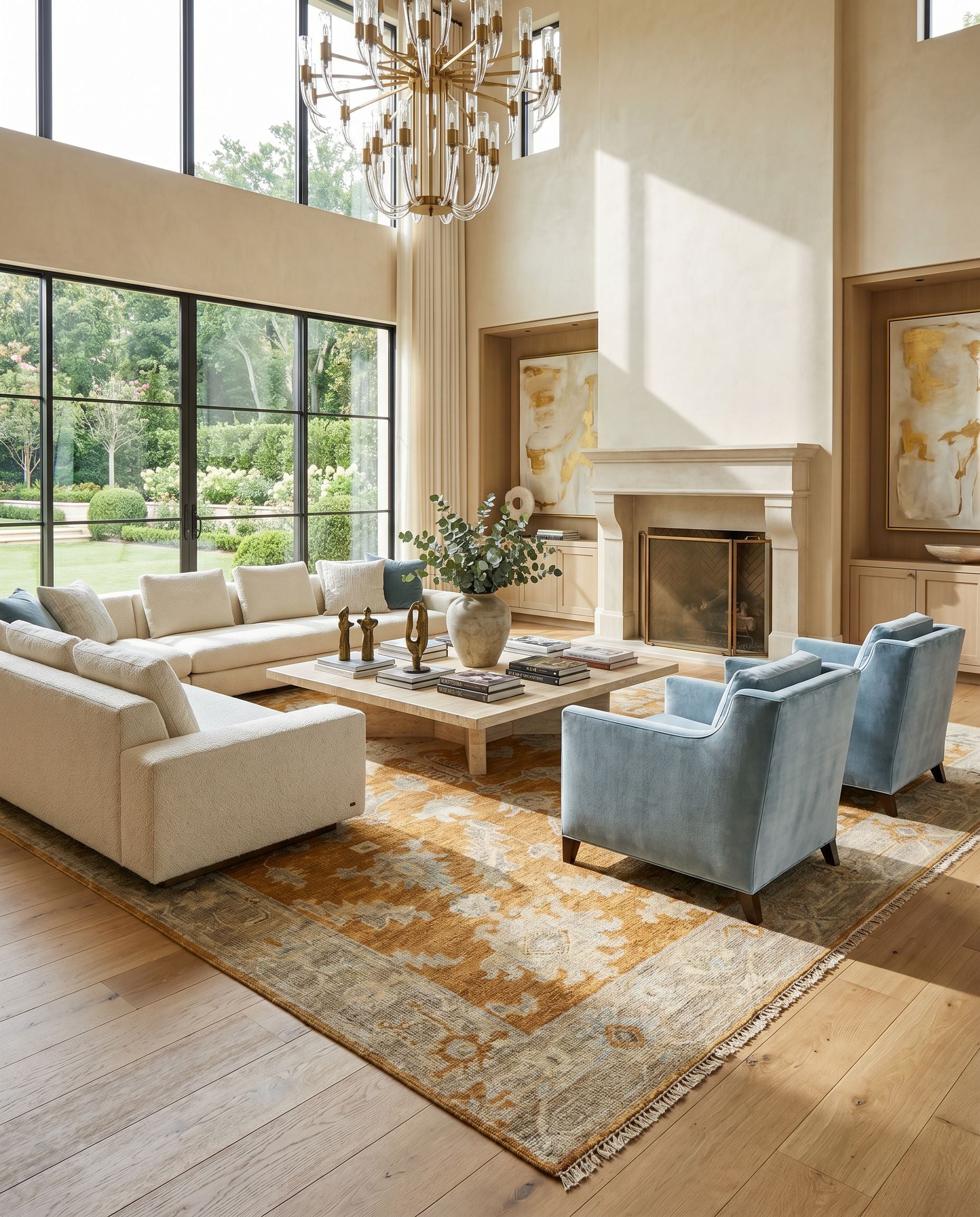 Antalya AAT-2302 Hand Knotted Rug styled in an elegant designer living room — hand knotted traditional area rug in burgandy, brown, charcoal and medium brown tones