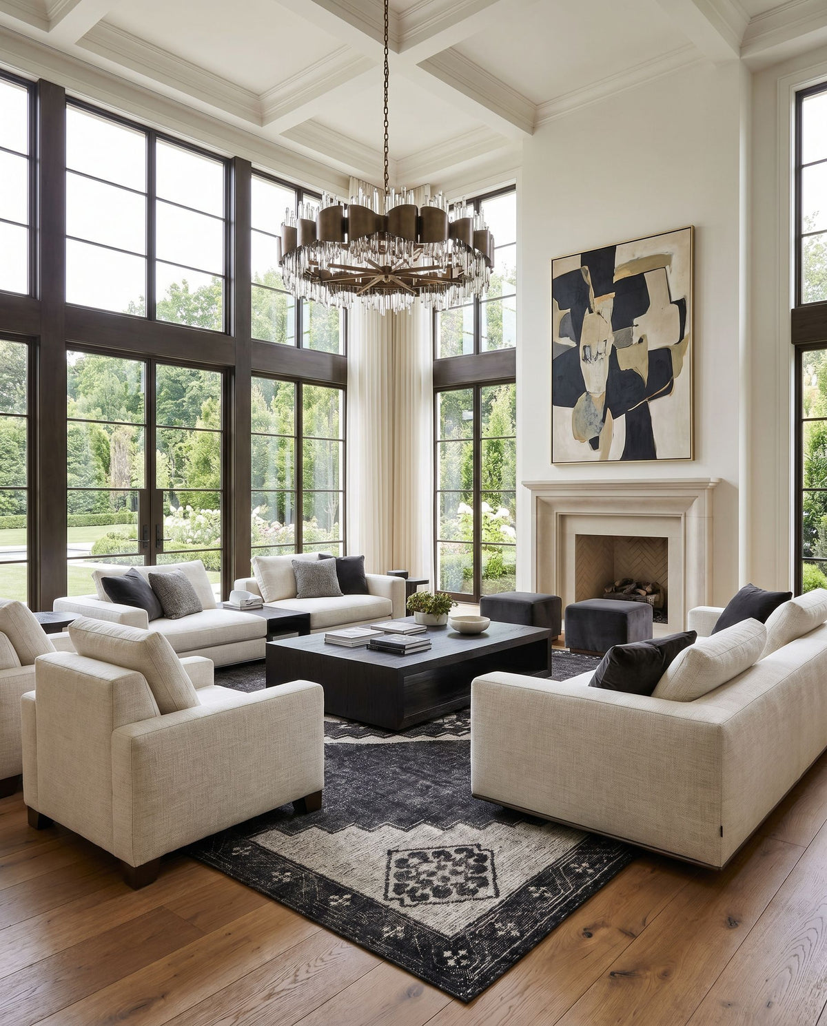Burnley BUY-2300 Hand Knotted Rug styled in an elegant designer living room — hand knotted traditional area rug in black and light beige tones