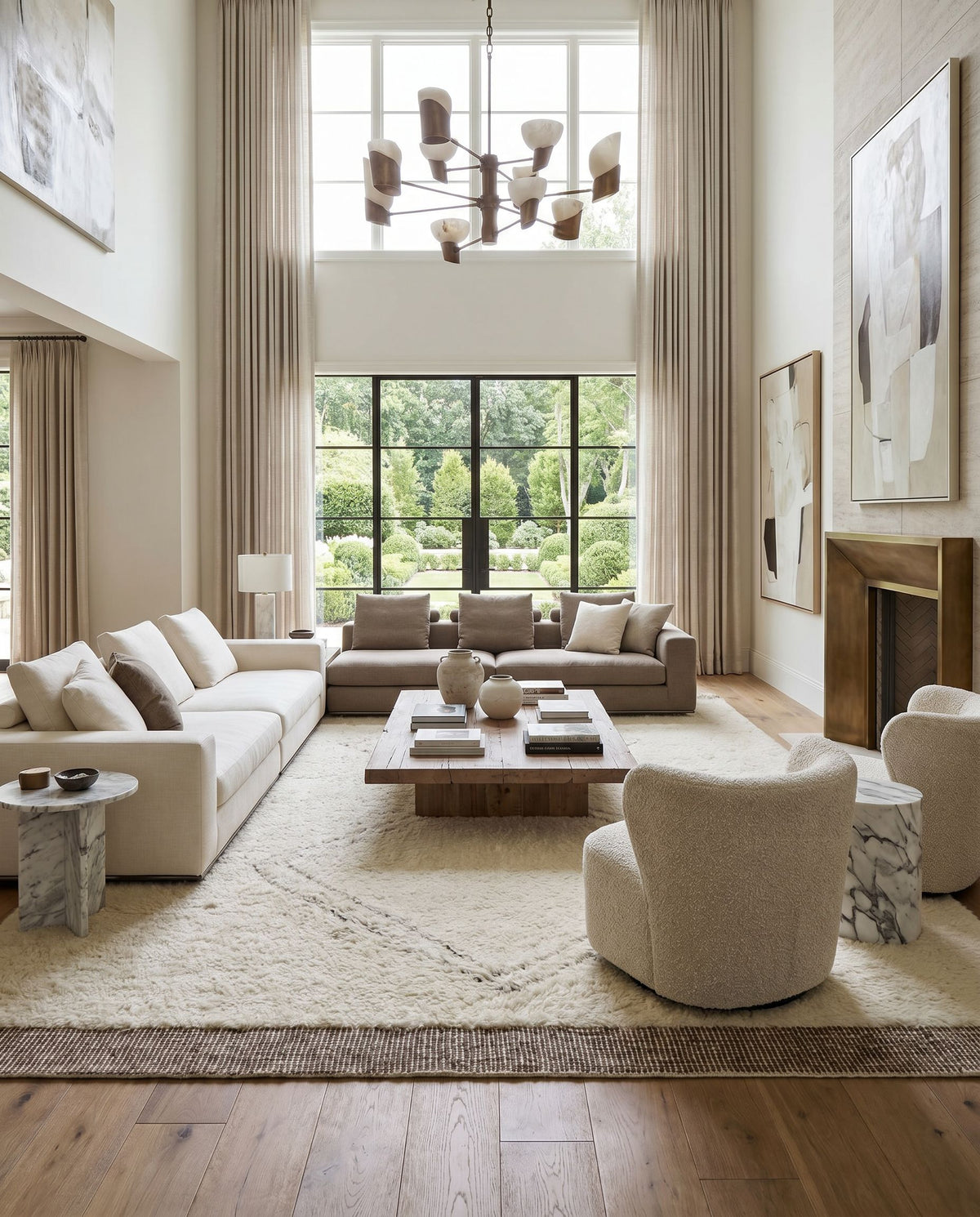 Meknes MEK-1006 Hand Knotted Rug styled in an elegant designer living room — hand knotted global area rug in oatmeal, gray, charcoal and black tones