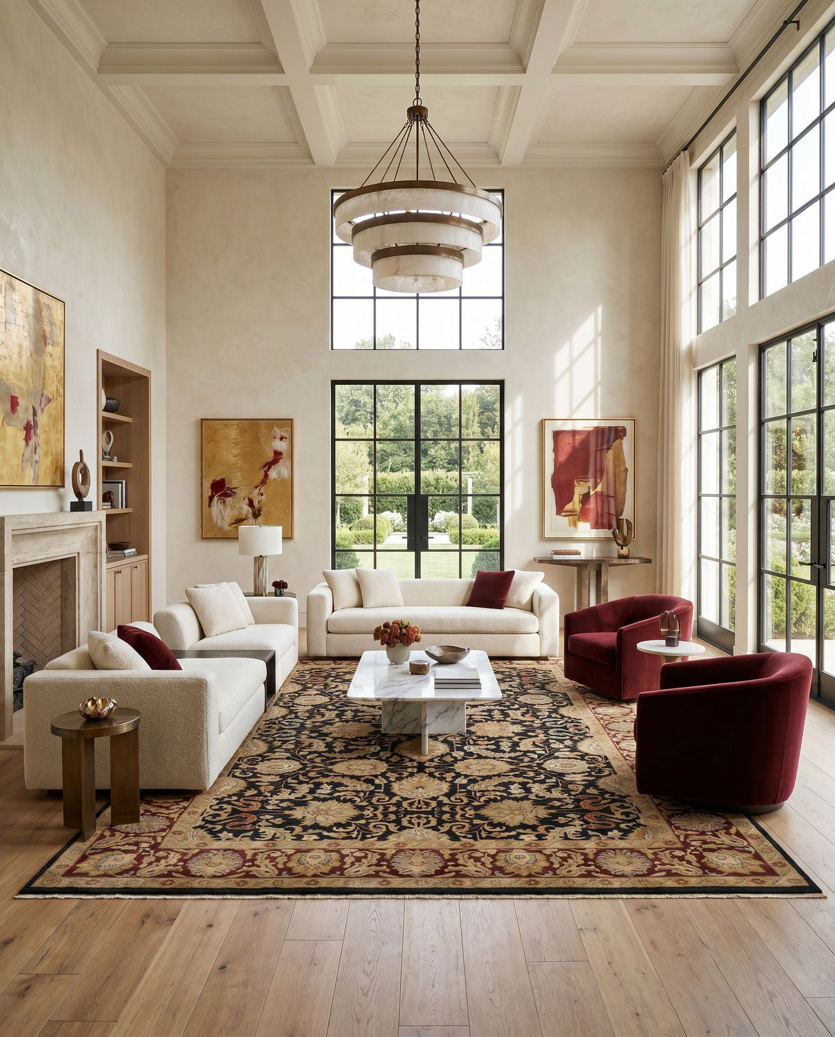 Taj Mahal TJ-6576 Hand Knotted Rug styled in an elegant designer living room — hand knotted traditional area rug in black, rust, olive and light brown tones