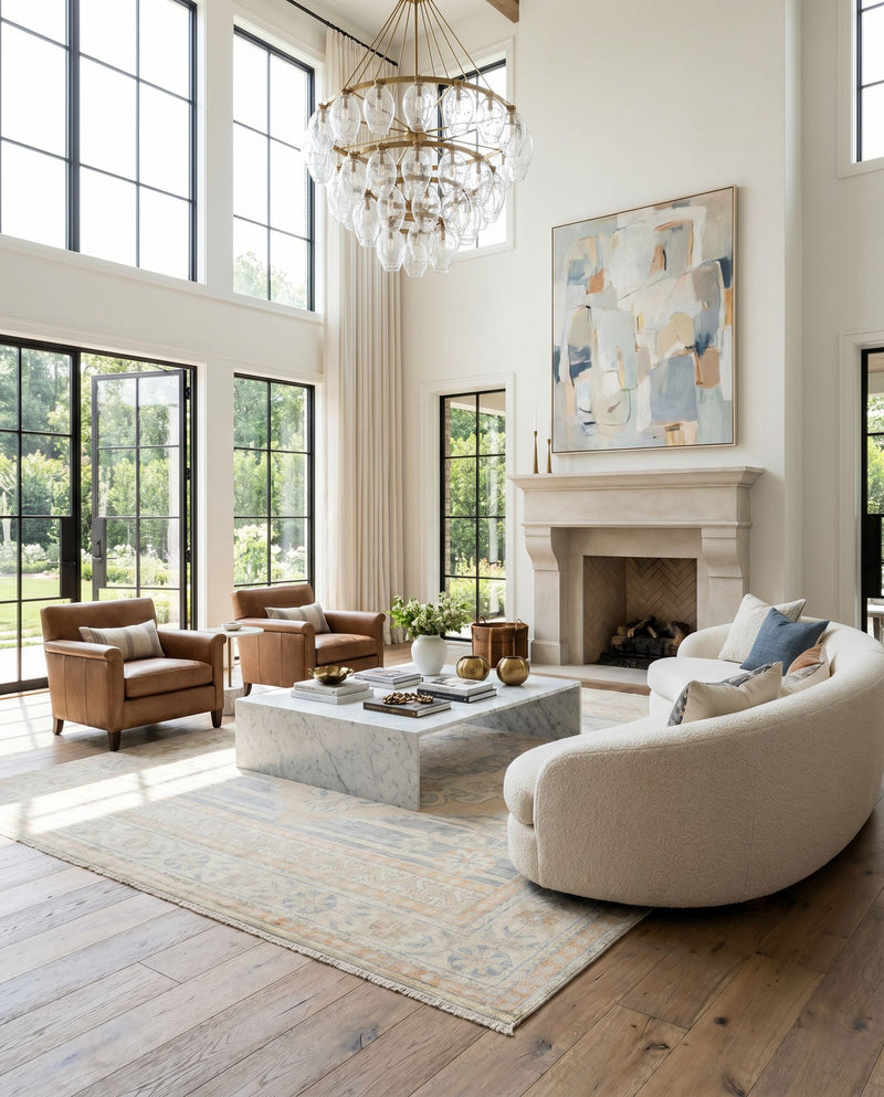 Bunyan BYN-2303 Hand Knotted Rug styled in an elegant designer living room — hand knotted traditional area rug in wheat, peach, seafoam and slate tones