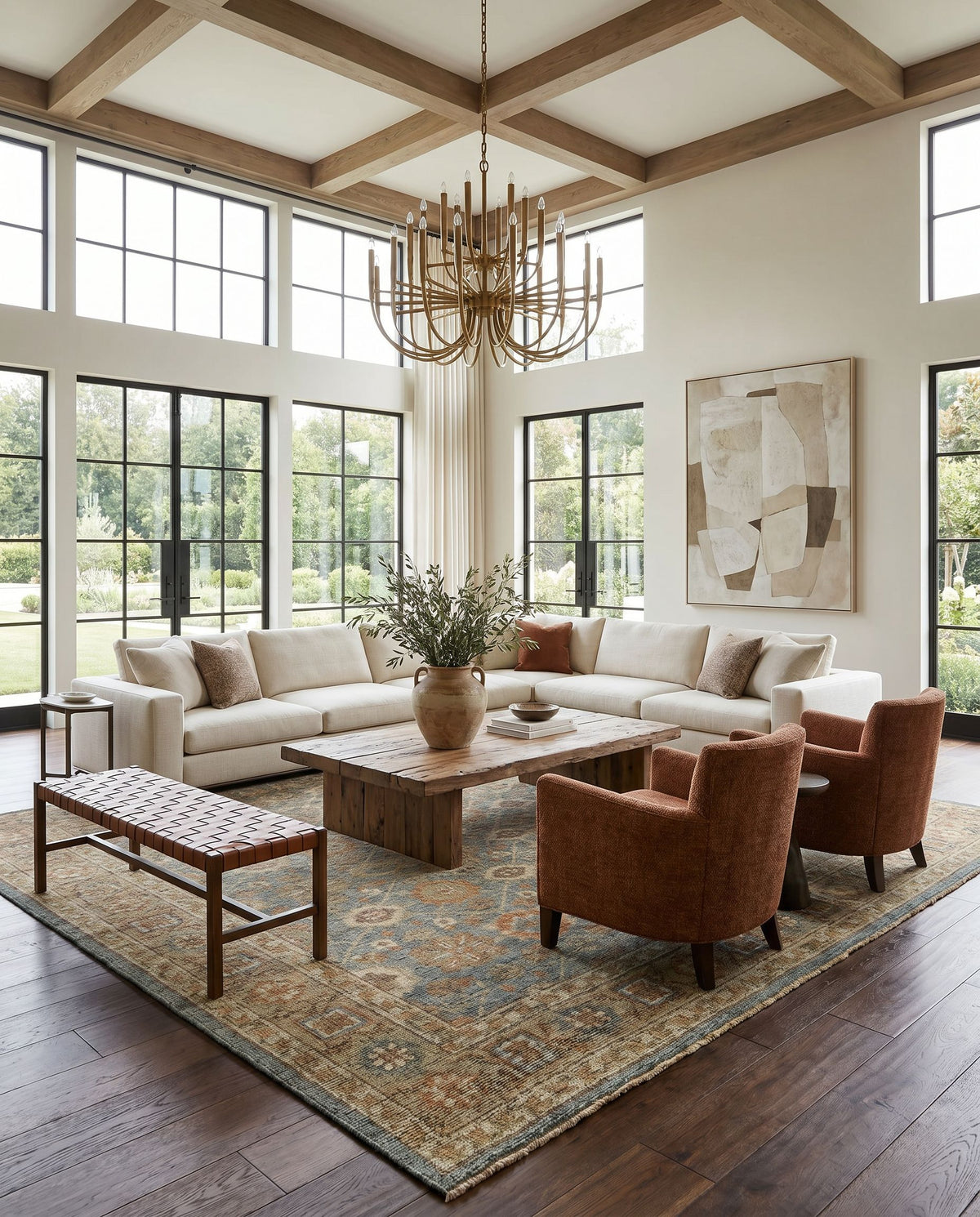 Reign REG-2308 Hand Knotted Rug styled in an elegant designer living room — hand knotted traditional area rug in sage, brown, dusty sage and light beige tones