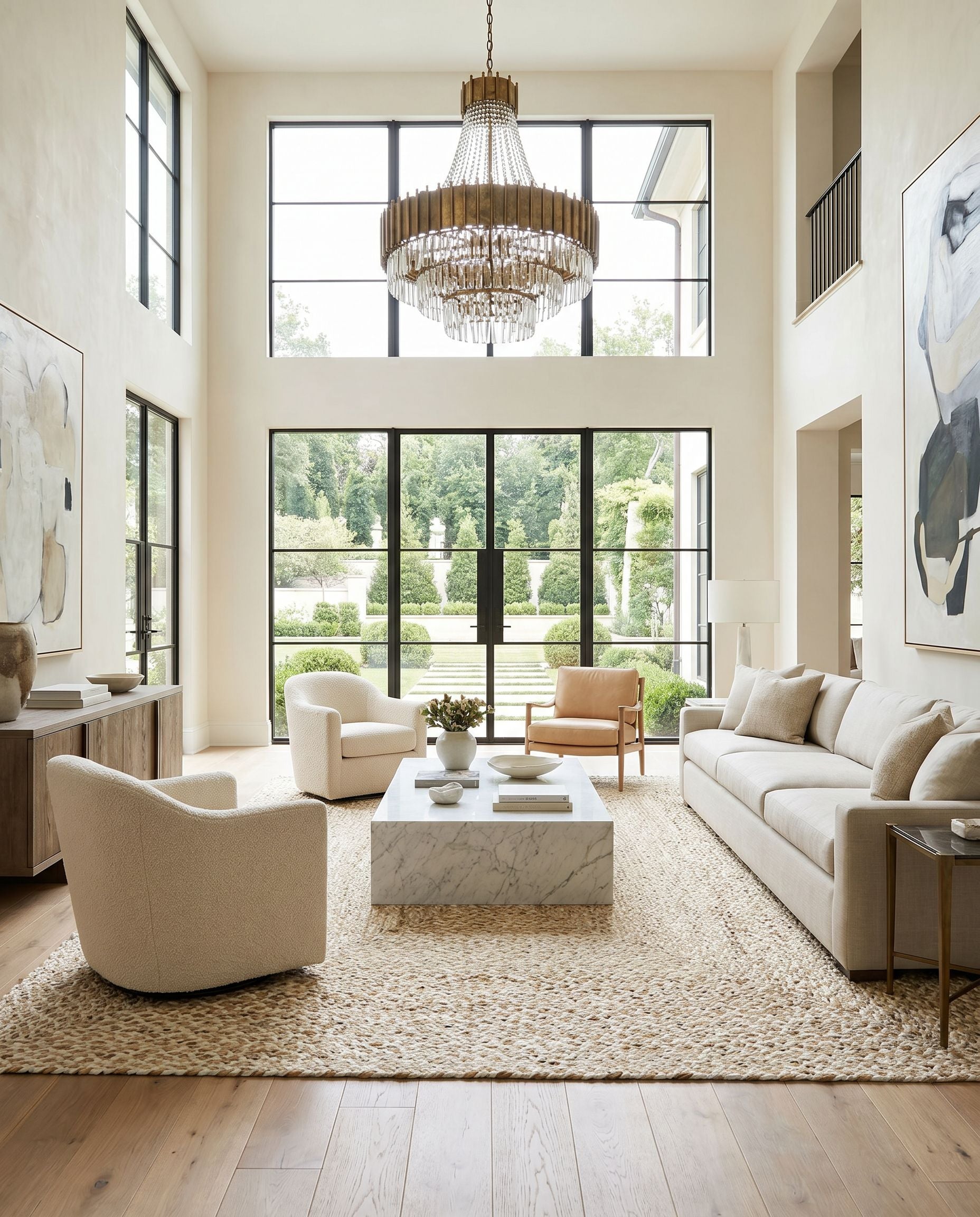 Firat FRT-2303 Hand Loomed Rug styled in an elegant designer living room — hand loomed cottage area rug in ivory and tan tones
